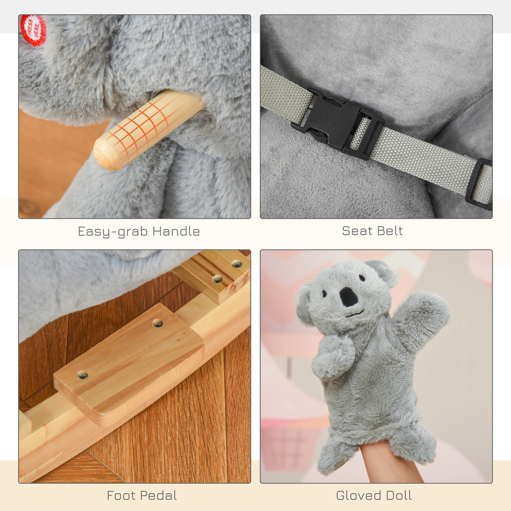 HONGGE Koala-Shaped Plush Rocking Horse for Toddlers 18-36 Months, Wood & Metal Frame, Holds up to 99 lbs, Gray