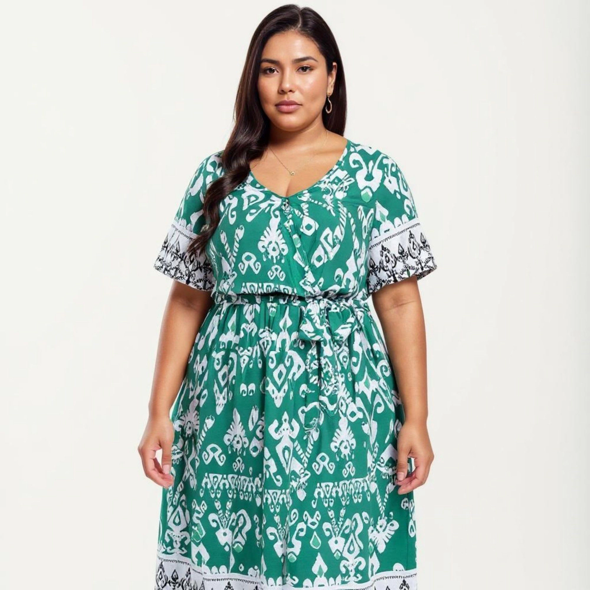 Anna-Kaci Women's Short Sleeve V Neck Waist Tie Belt All Over Print Border Detail Flowy Fit Midi Dress