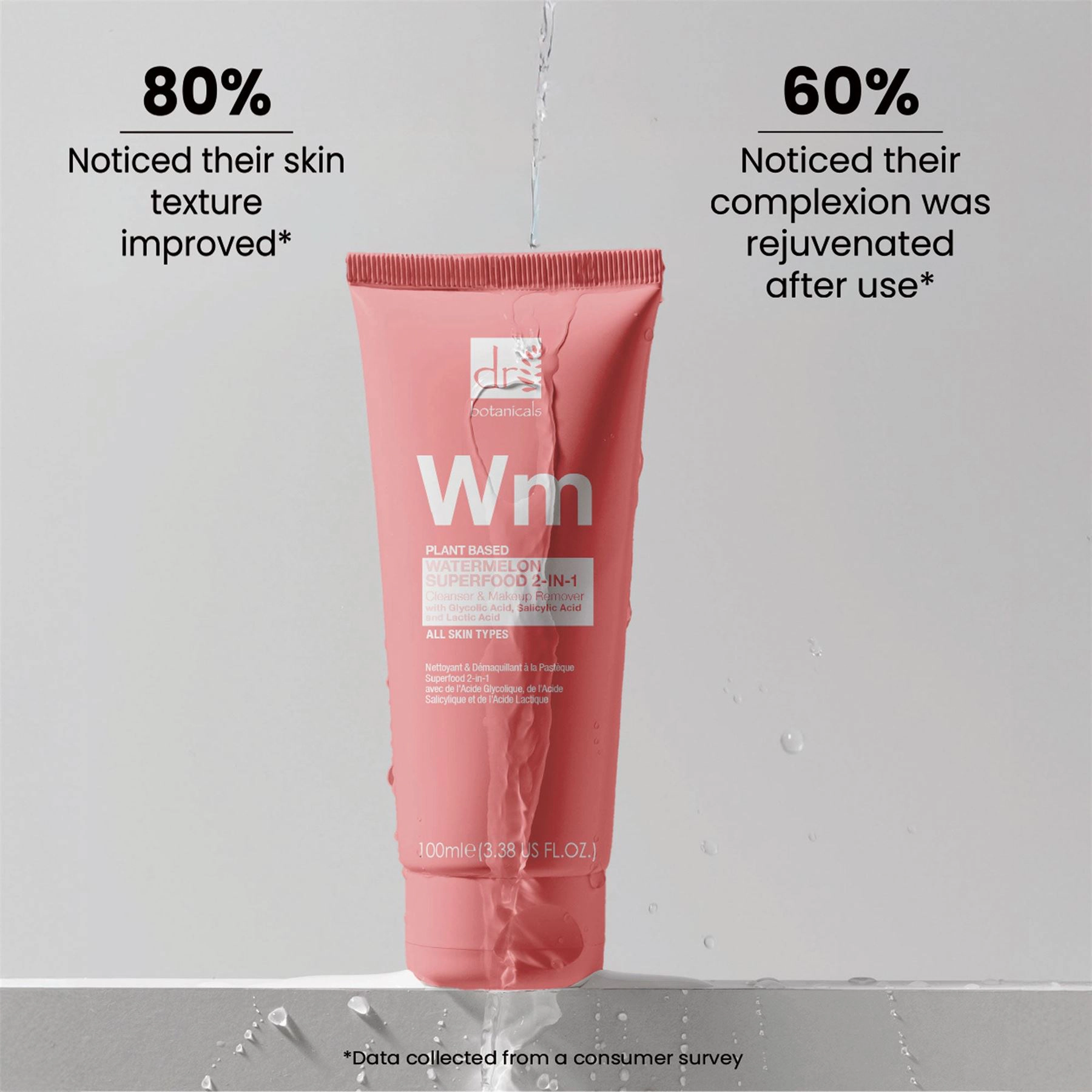 Dr. Botanicals Watermelon 2-in-1 Cleanser & Makeup Remover with Glycolic Acid, Salicylic Acid, Lactic Acid 100ml