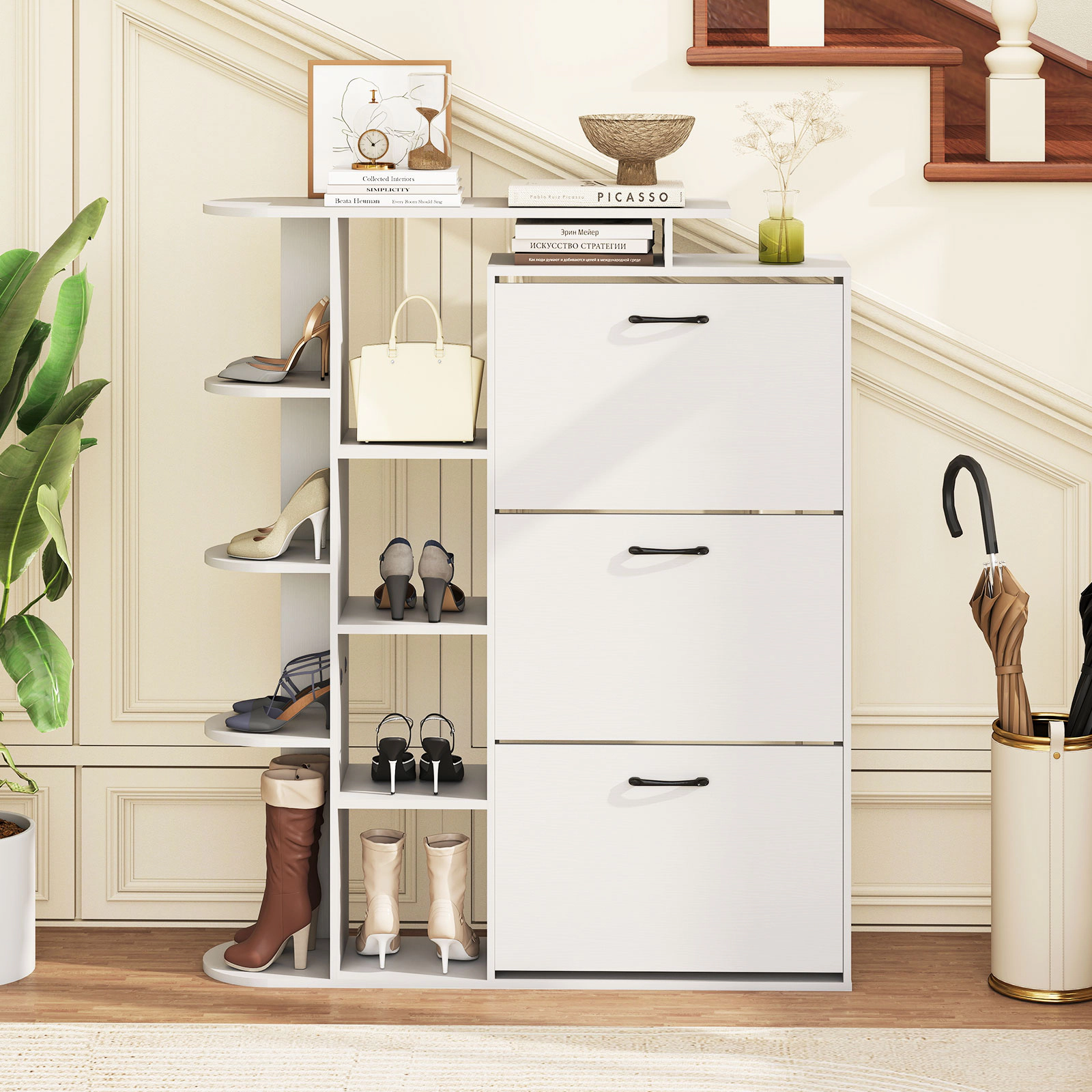 SUGIFT White 50.5-in Tall Entryway Shoe Cabinet with 3 Flip Drawers Adjustable Shelves and Open Cubbies