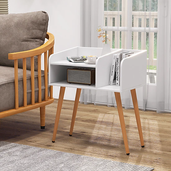 Glintex Mid-Century Nightstand with Divided Open Shelves and 14.5-Inch Leg Clearance