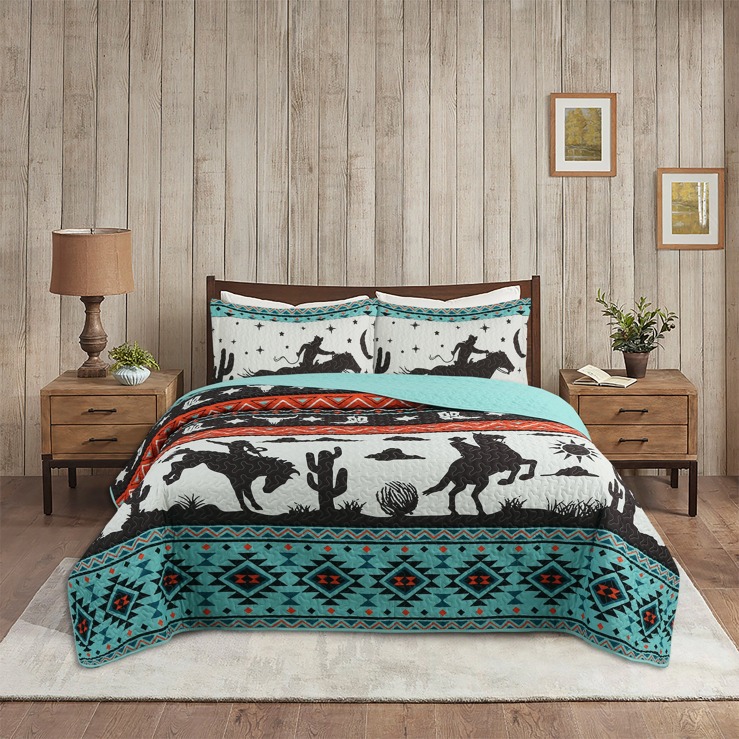 MarCielo 3 Piece Southwestern Cowboy Quilt Set - Western Horse Bedspread Set