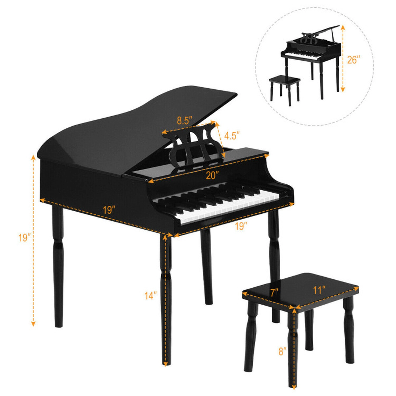 SUGIFT Black 30-Key Wood Kids Grand Piano with Bench Music Rack and Environmentally Friendly MDF Build
