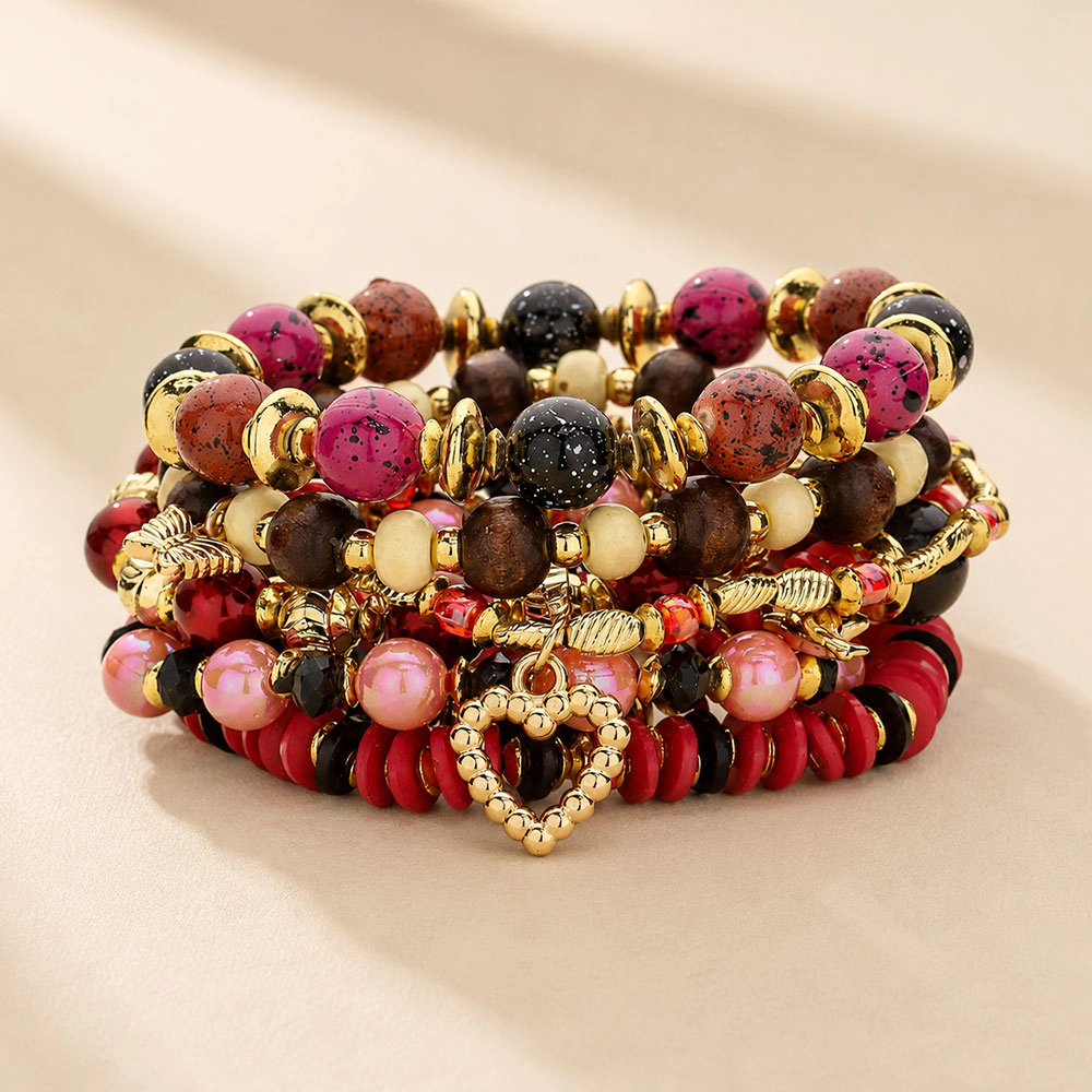 FASHNZFAB 7PCS Charm Pointed Various Beads Beaded Stretch Multi Layered Bracelets