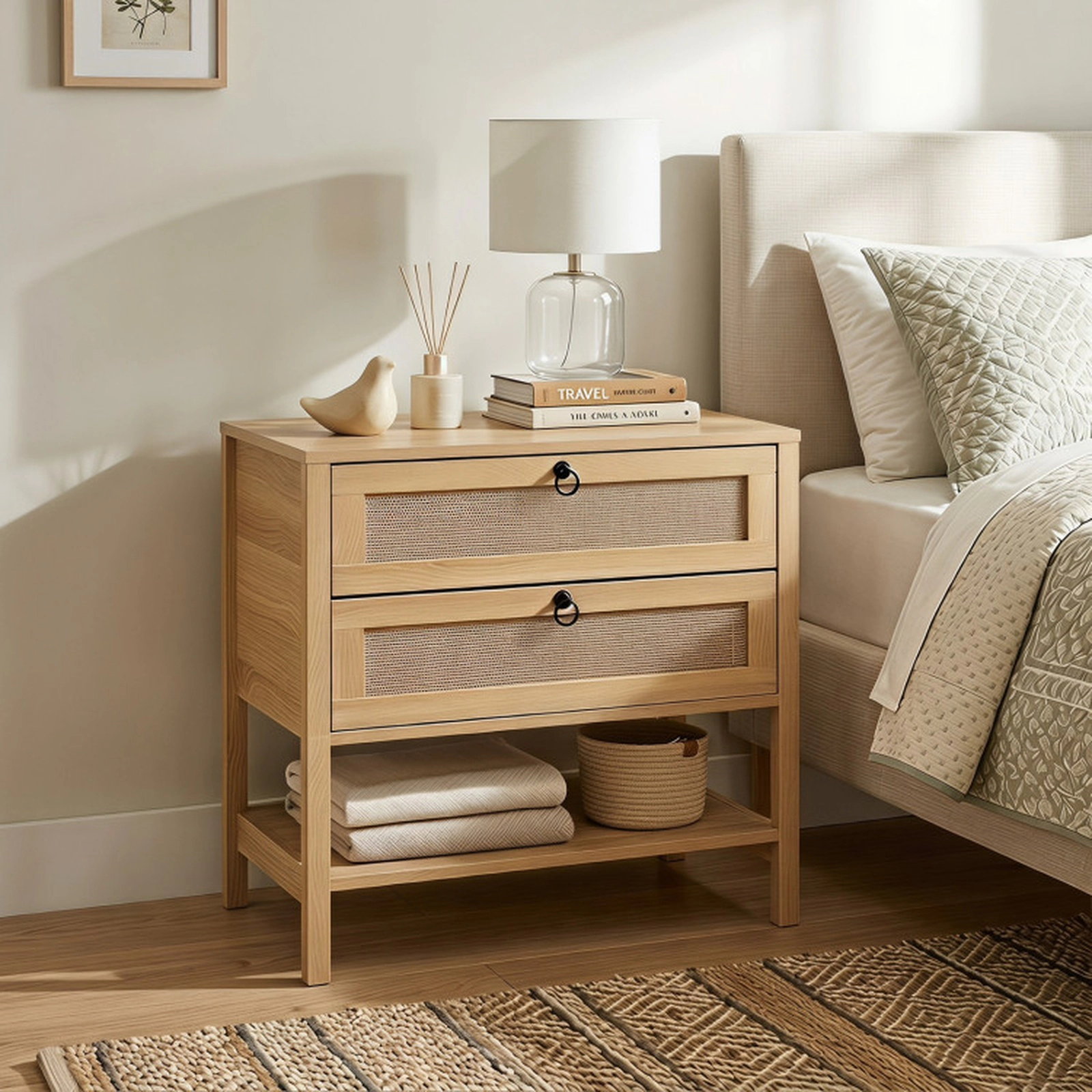 SUGIFT 27-Inch Whitewashed Oak Boho Rattan Nightstand with 2 Drawers and Open Shelf