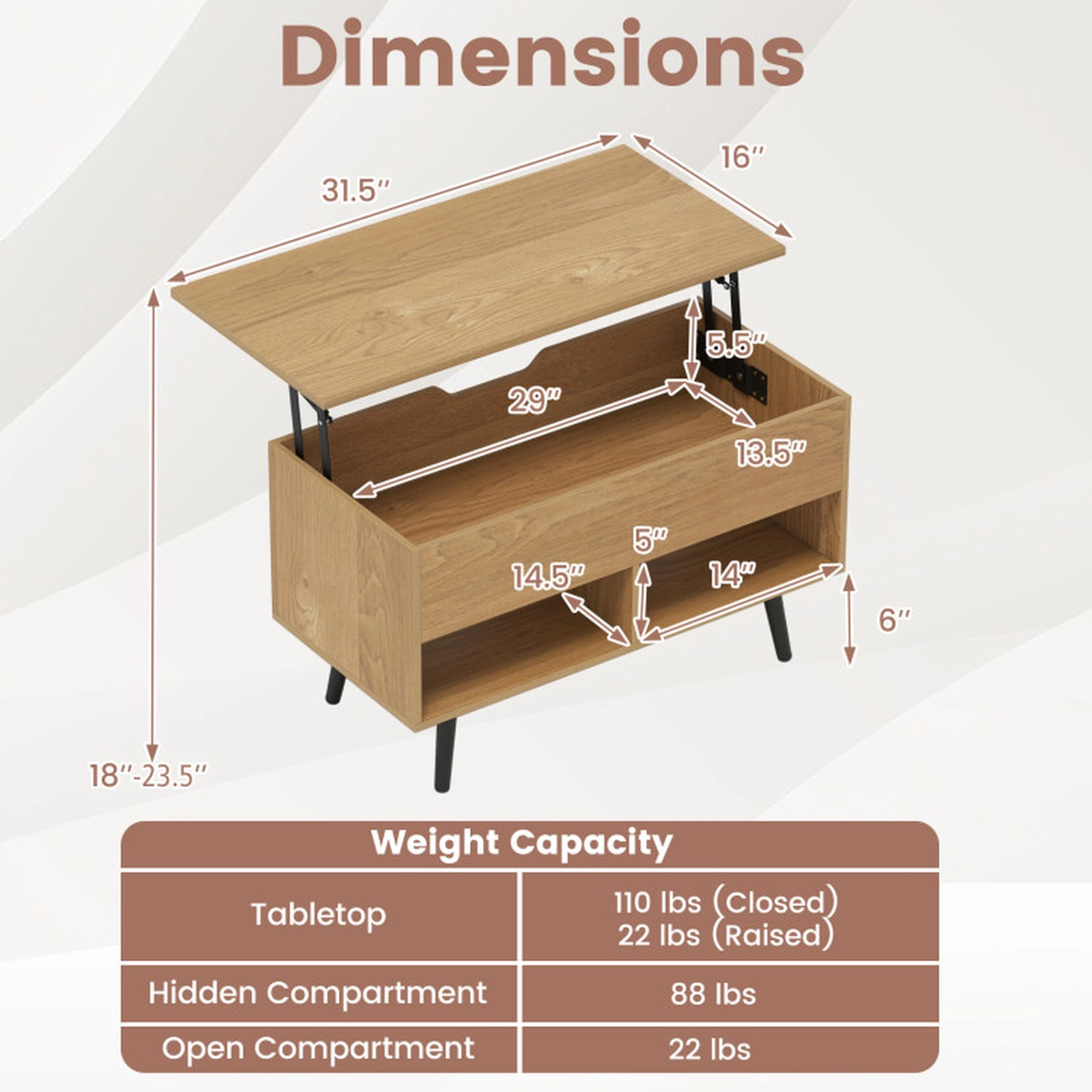 SUGIFT 31.5-in 23.5-in Lift Height Hydraulic Lift-Top Coffee Table with Hidden Storage and 2 Open Shelves