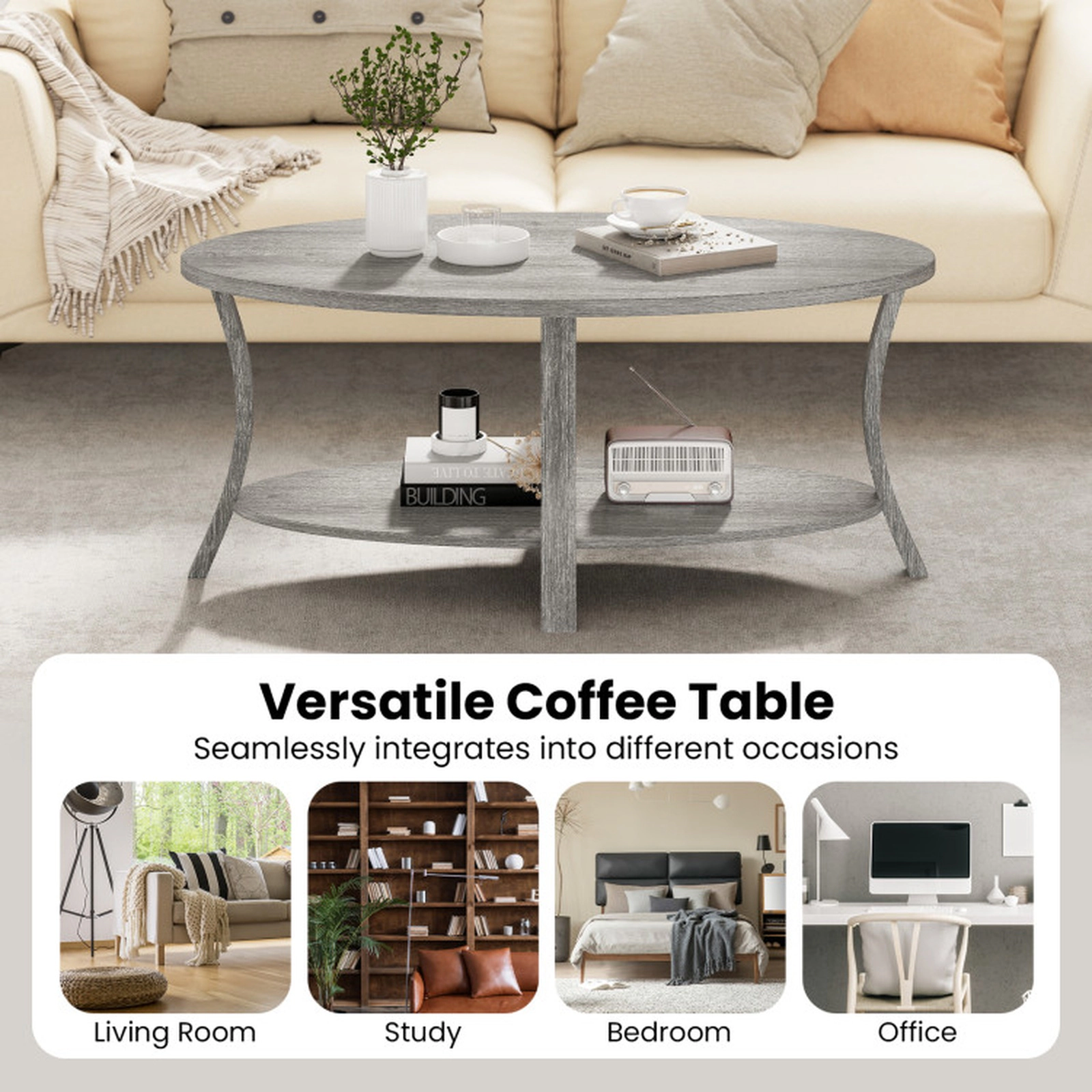 SUGIFT 44-in Oval 2-Tier 200-lb Capacity Gray Rubber Wood Coffee Table with Open Storage Shelf and Splayed Legs