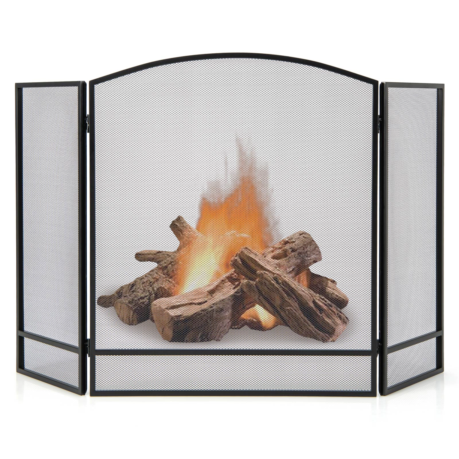 SUGIFT 3-Panel Folding Fireplace Screen, 48.5 in W x 29 in H, Black Wrought Iron Mesh
