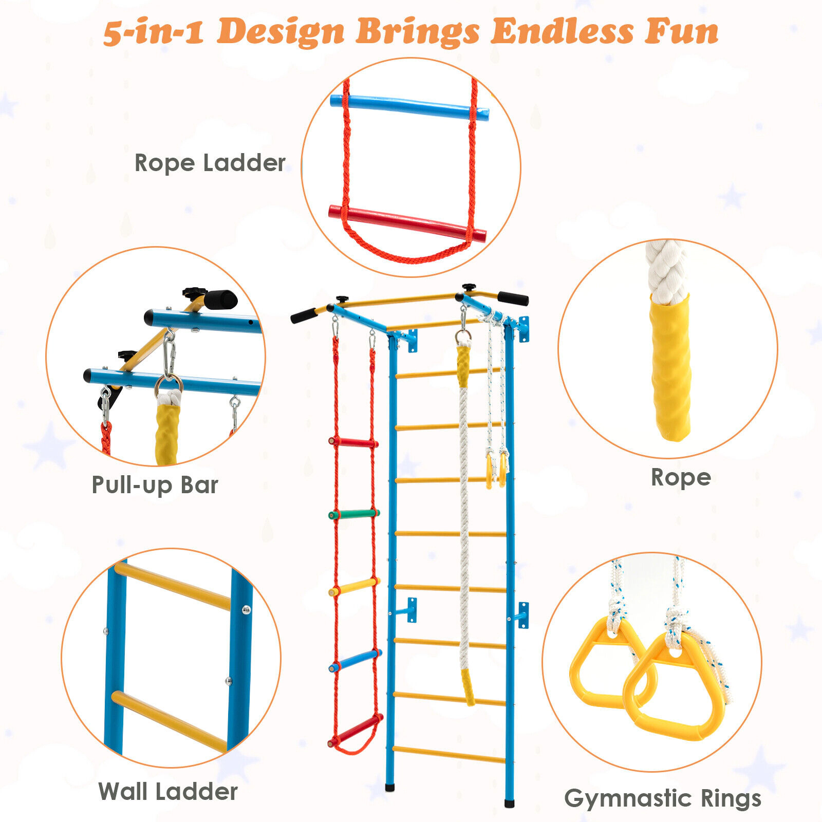 SUGIFT Yellow Pull-Up Bar and Gymnastic Rings 7-in-1 Kids Indoor Gym Swedish Wall Ladder