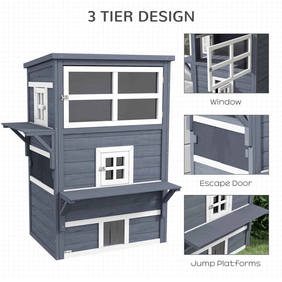 212 Main Paw Hut Cat House, Outdoor 3-Tier Kitty Shelter, Weather Resistant with Escape Door