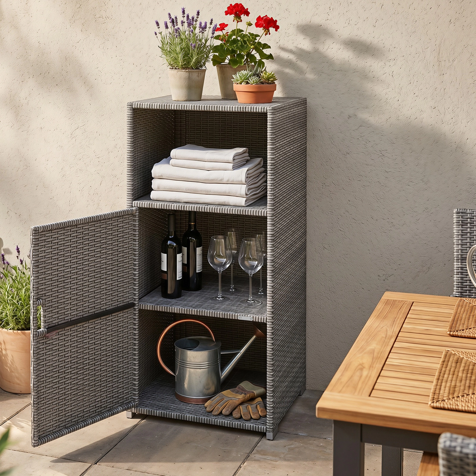 SUGIFT Gray Hand-Woven PE Rattan Outdoor Storage Cabinet with Door Open Compartment and 66-lb Tiers