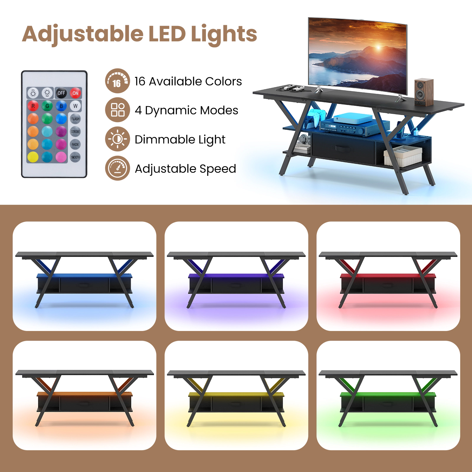 Glintex 55-Inch TV Stand with 16-Color LED Lights and Power Outlets