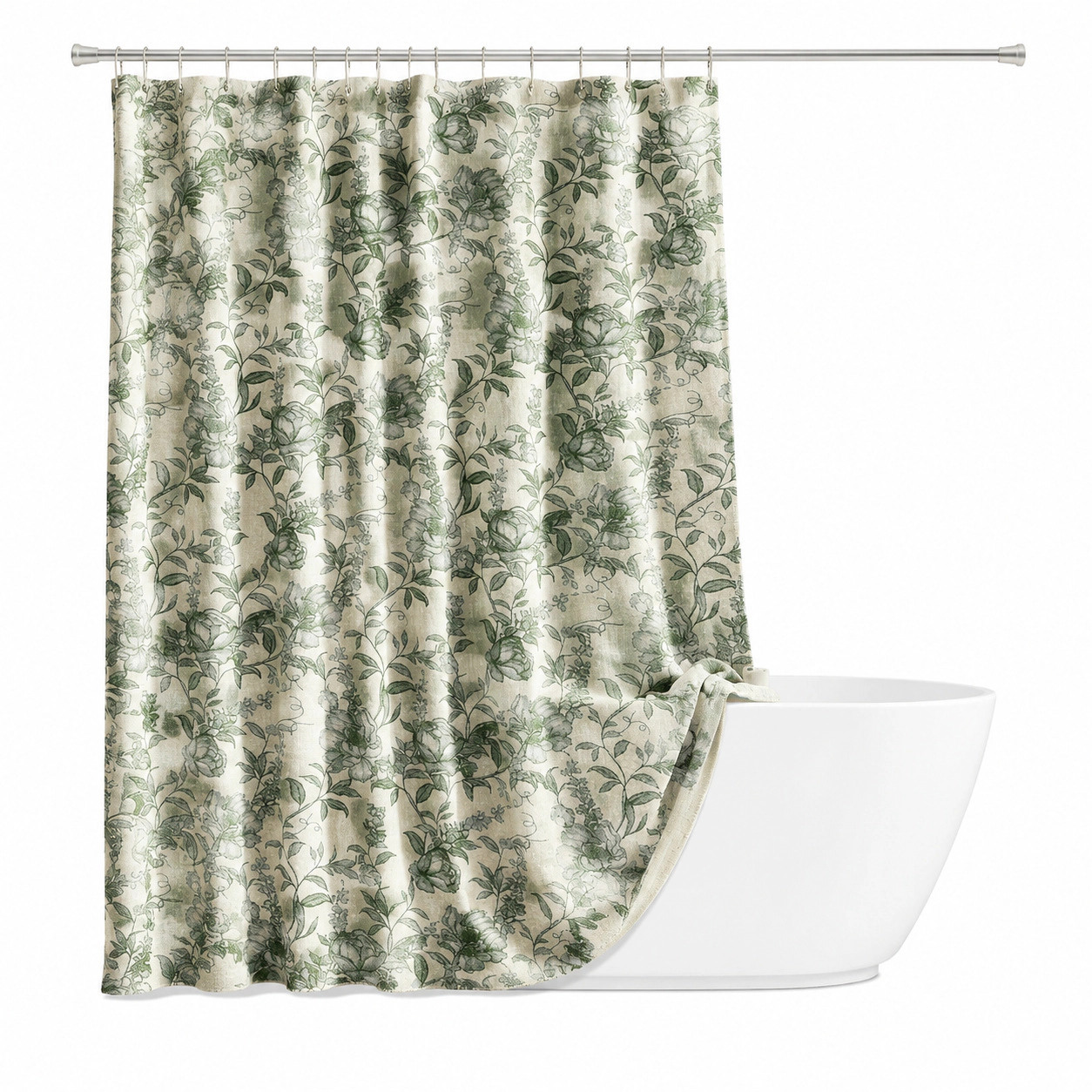 WZK Sage Green Vintage Floral Farmhouse Boho Fabric Faux Linen with Clear Hooks Easy Care Shower Curtain