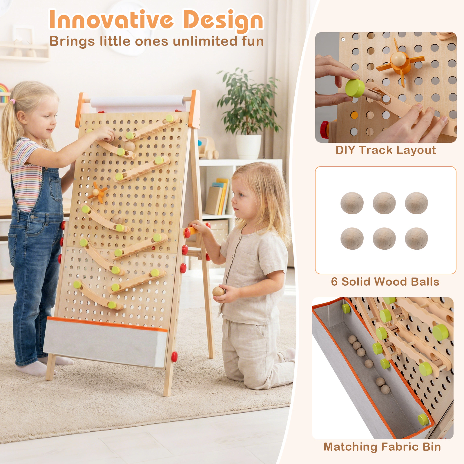 SUGIFT 4-in-1 Wooden Kids Art Easel Double-Sided Foldable with Paper Roll Storage Tray and Marble Run Ages 3+ Natural