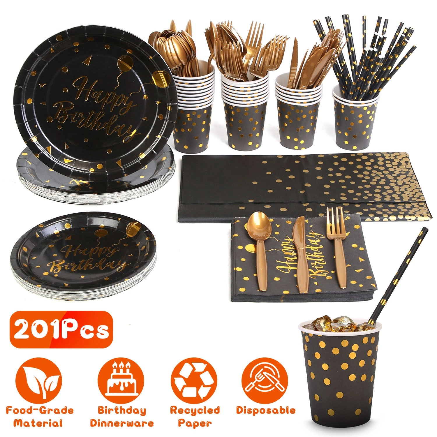 GBruno Black Gold Birthday Party Supplies Set