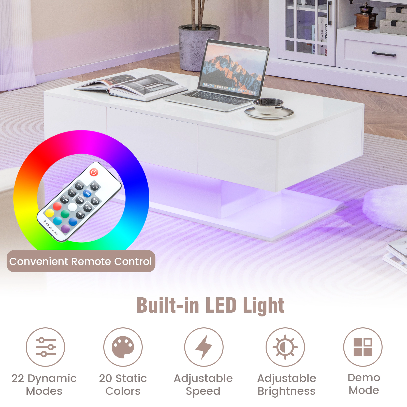 Glintex 43.5-Inch High-Gloss LED Coffee Table with 2 Push-to-Open Drawers, White