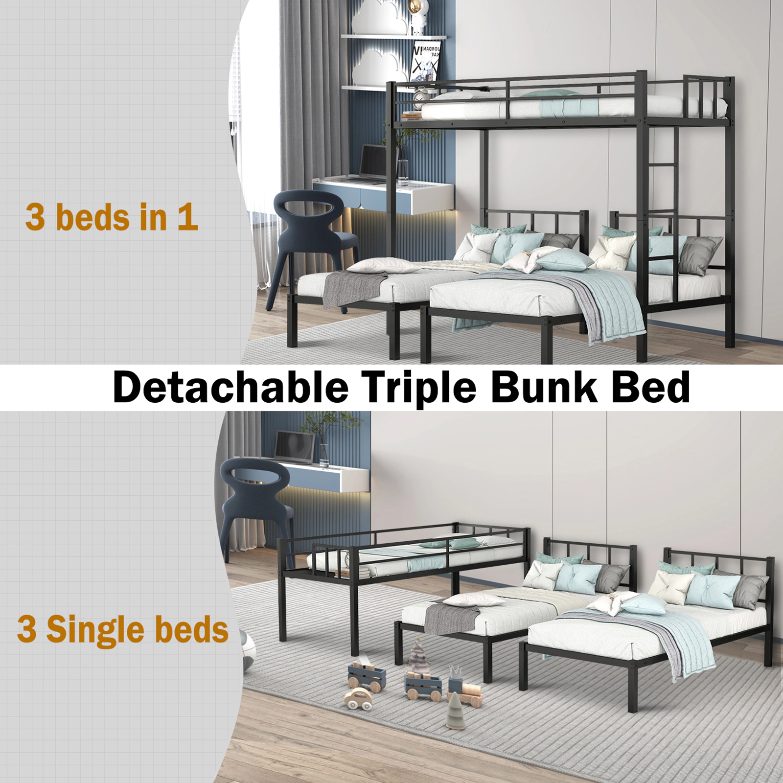 Flynama Metal Triple Bunk Bed, Upper Twin XL & Two Lower Twin Bunks, Noise Free