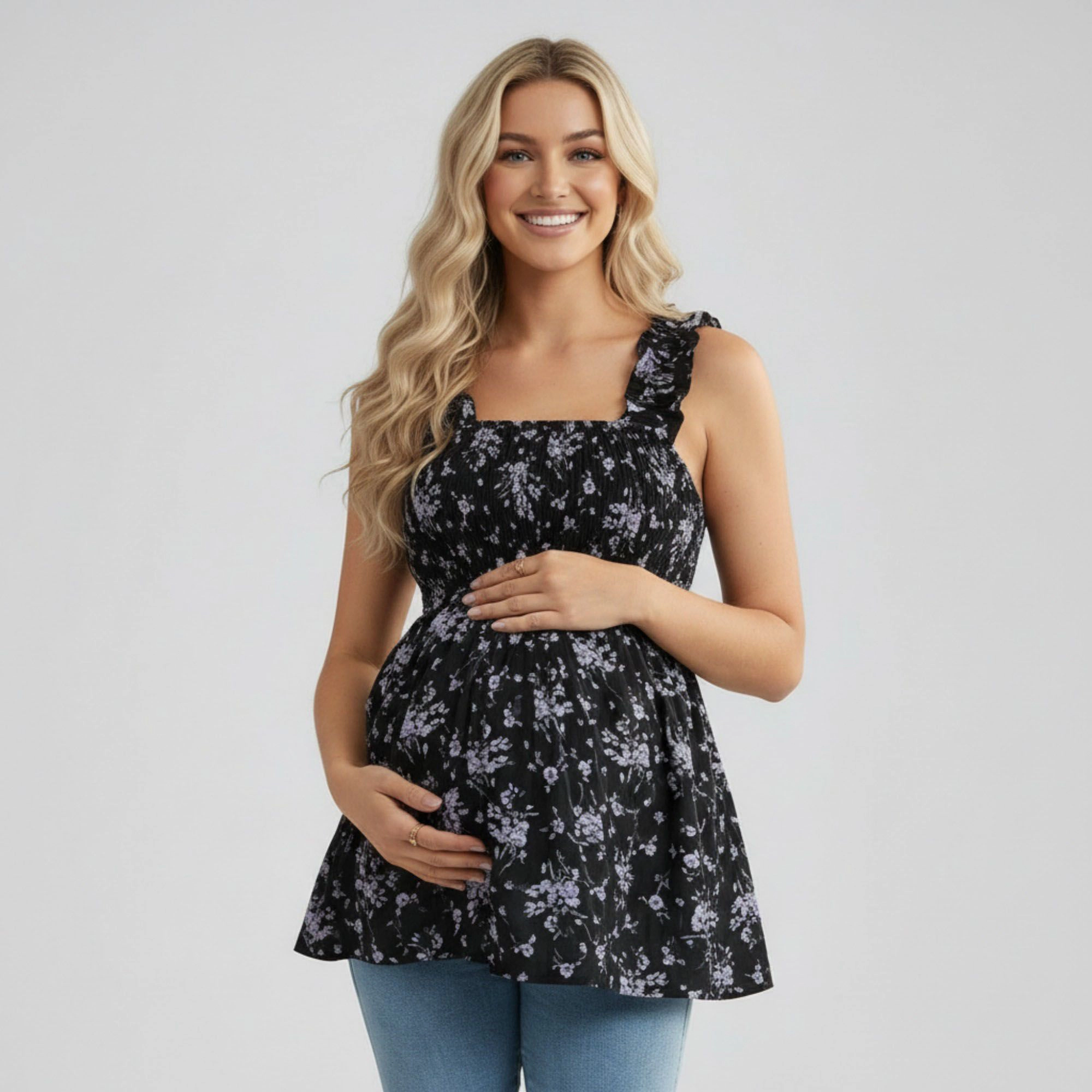 Anna-Kaci Womens Maternity Floral Smocked Babydoll Top with Ruffle Straps
