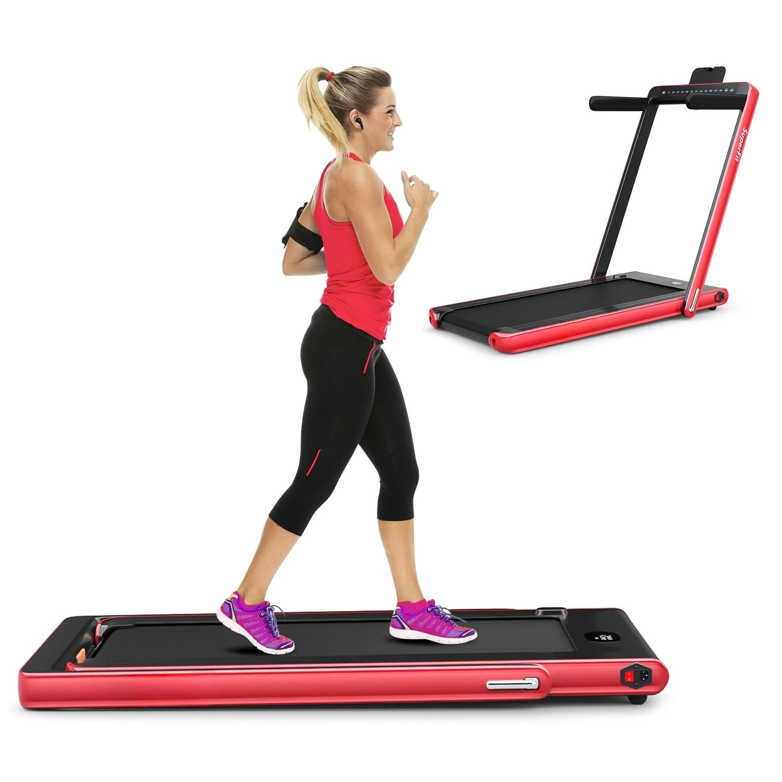 SUGIFT Red 2-in-1 Folding Treadmill with Dual Display and Bluetooth Speaker 49-in W 27-in D 265-lb User Capacity