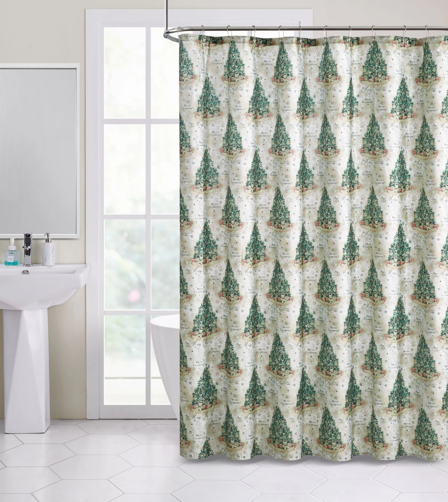 Kate Aurora Holiday Classic Merry Christmas Trees & Gifts Fabric Shower Curtain