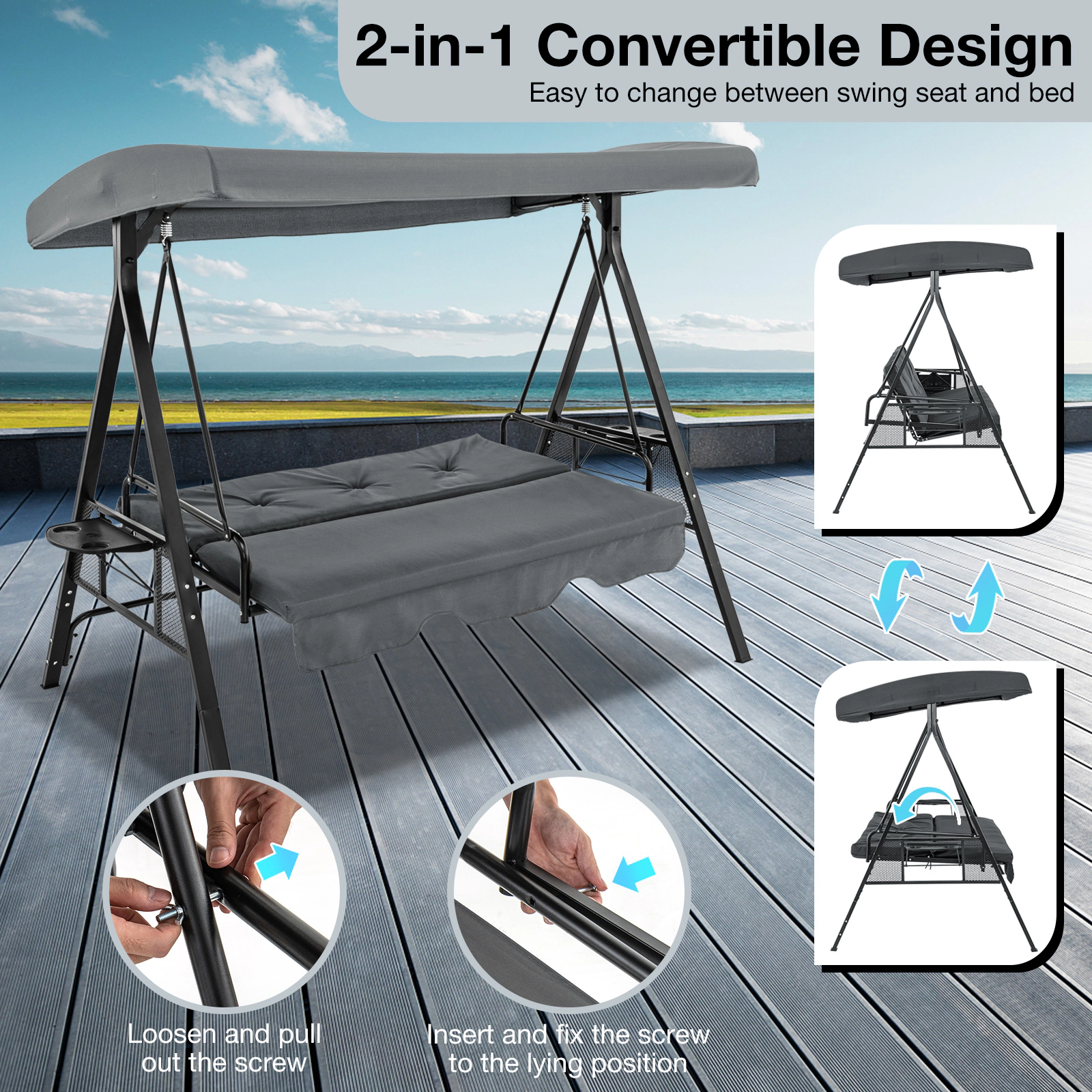 SUGIFT Gray Canopy and Side Table 3-Seat Convertible Porch Swing to Flat Bed
