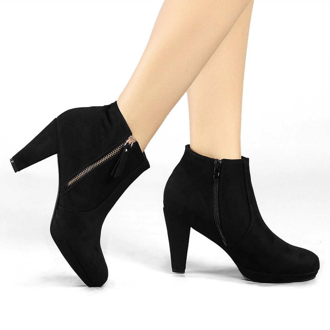 BLISSFUL STEP Women Faux Suede Chunky Heel Platform Ankle Boots