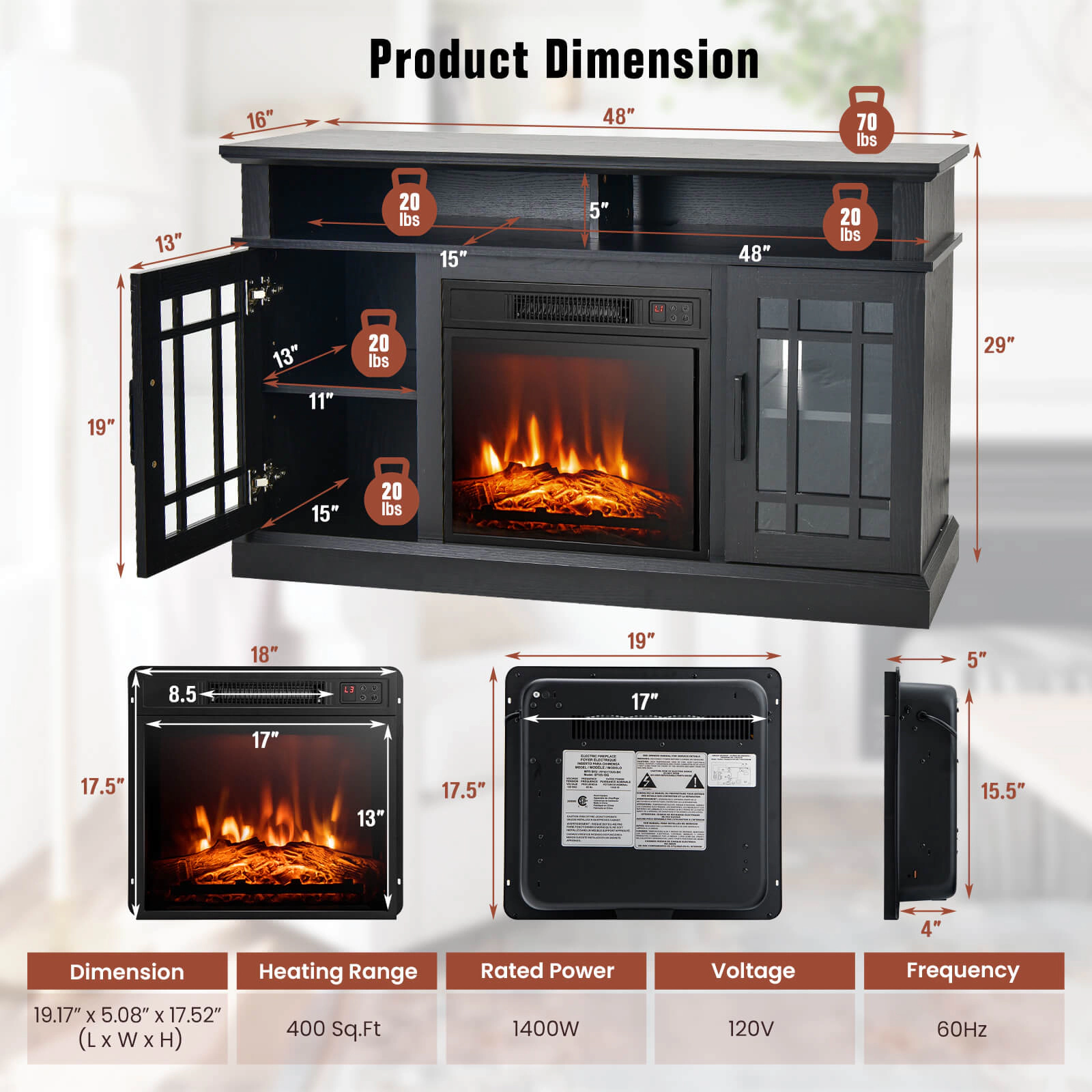 SUGIFT 48-in Electric Fireplace TV Stand Cabinets 4777 BTU 400-sq-ft Heating 70-lb Countertop Capacity for TVs Up to 55