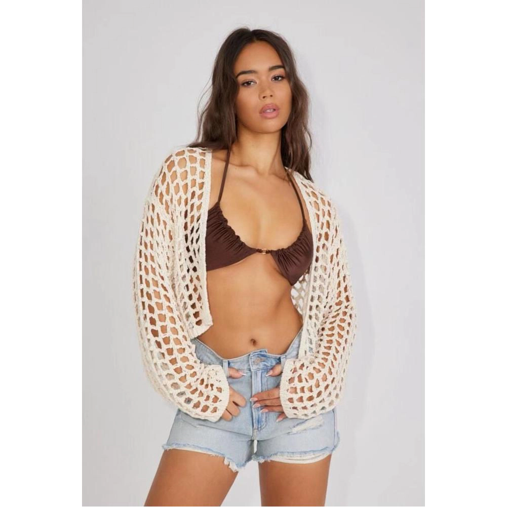 KOJOOIN Summer Cardigan For Women Long Sleeve Tie Front Crochet Sweater Cardigans Oversized Beach Coverup