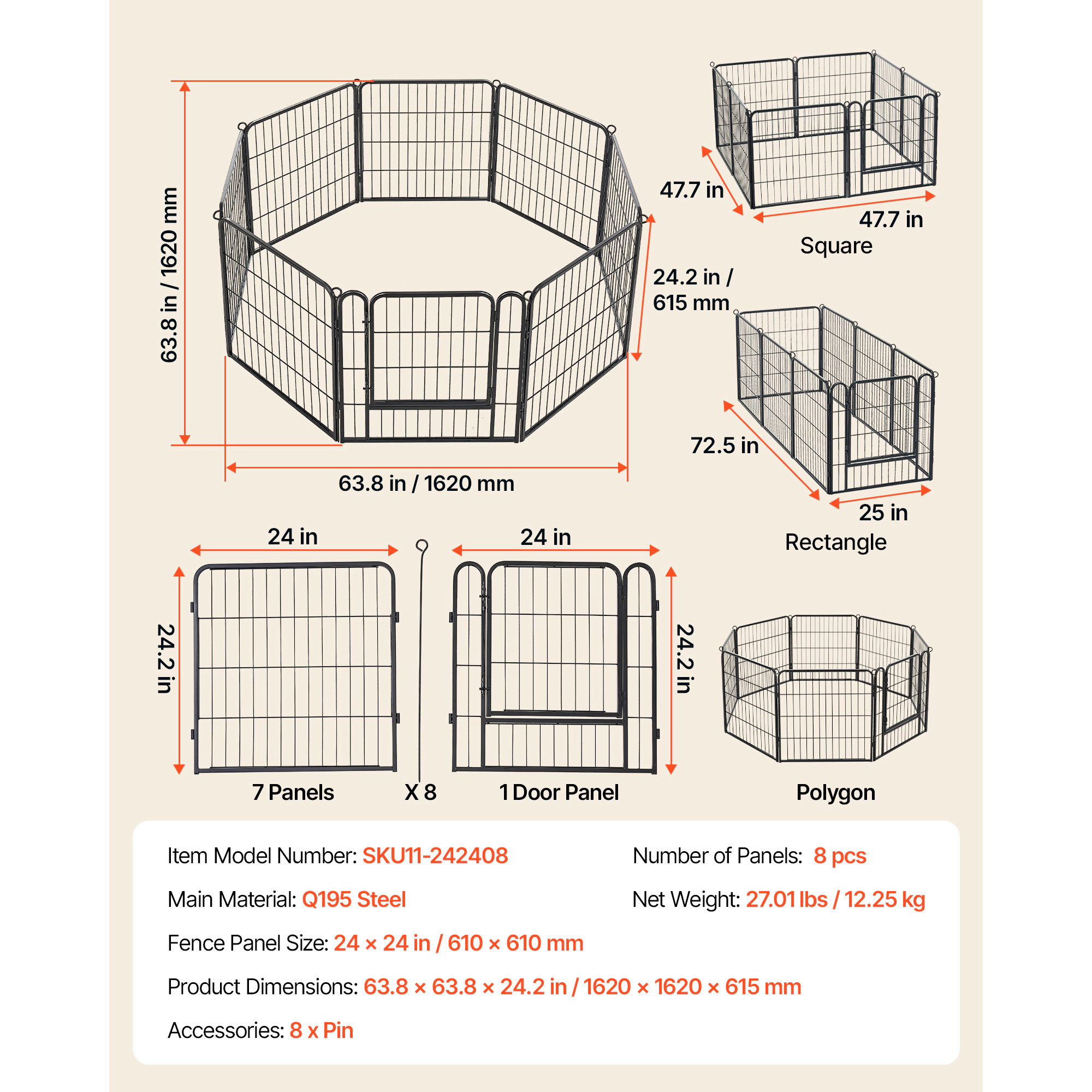 HONGGE 24-Inch 8-Panel Foldable Steel Dog Playpen for Small Dogs, Cats & Small Pets, Indoor/Outdoor, Black