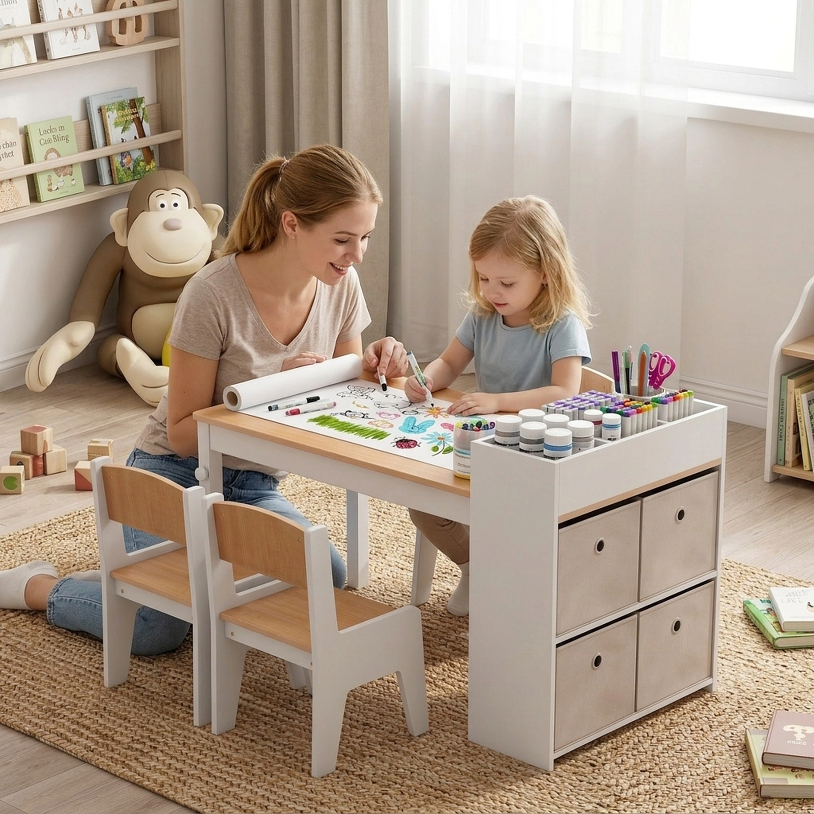 SUGIFT Kids Art Table and Chairs Set, Natural, 2 Chairs, Paper Roll and Storage