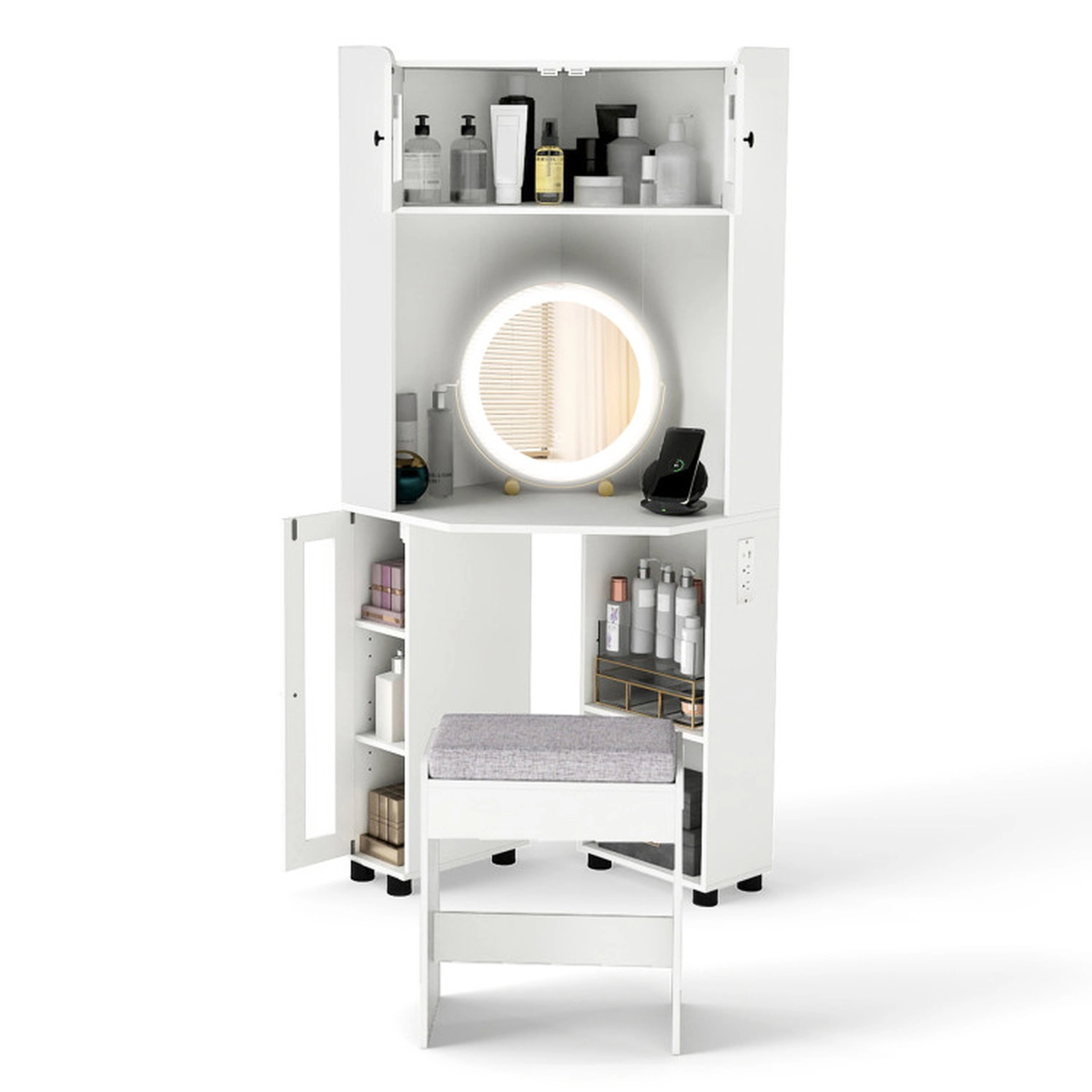 SUGIFT Compact Corner Dressing Vanity Desk with 360° Lighted Mirror 33.5-in Table 143-lb Desk 165-lb Stool White