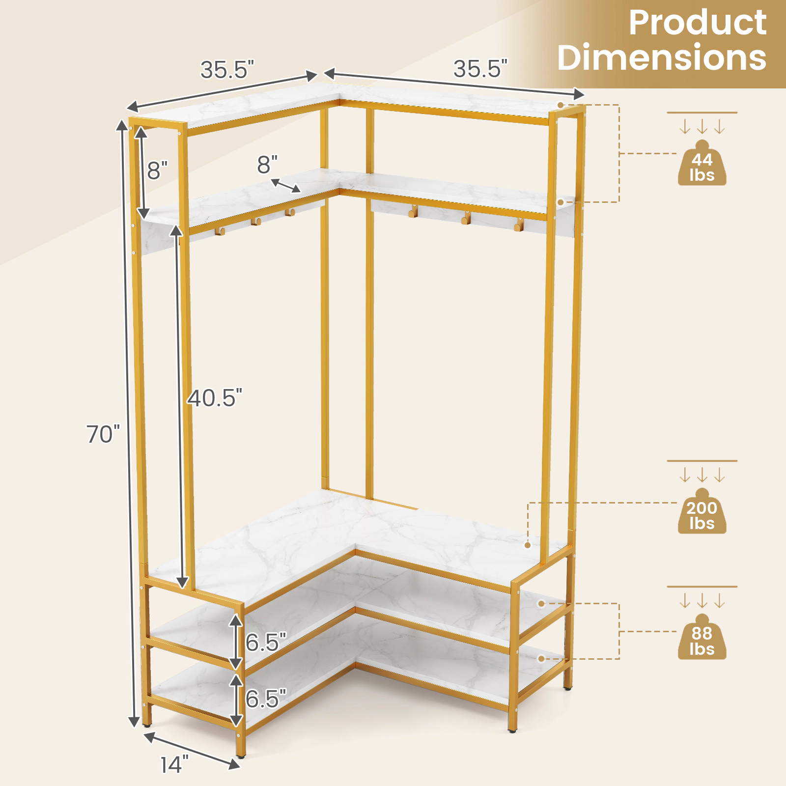 SUGIFT L-Shaped Open Shelves 7 Hooks Corner Garment Rack Shoe Bench 35.5-in x 35.5-in x 70-in 200-lb Capacity White
