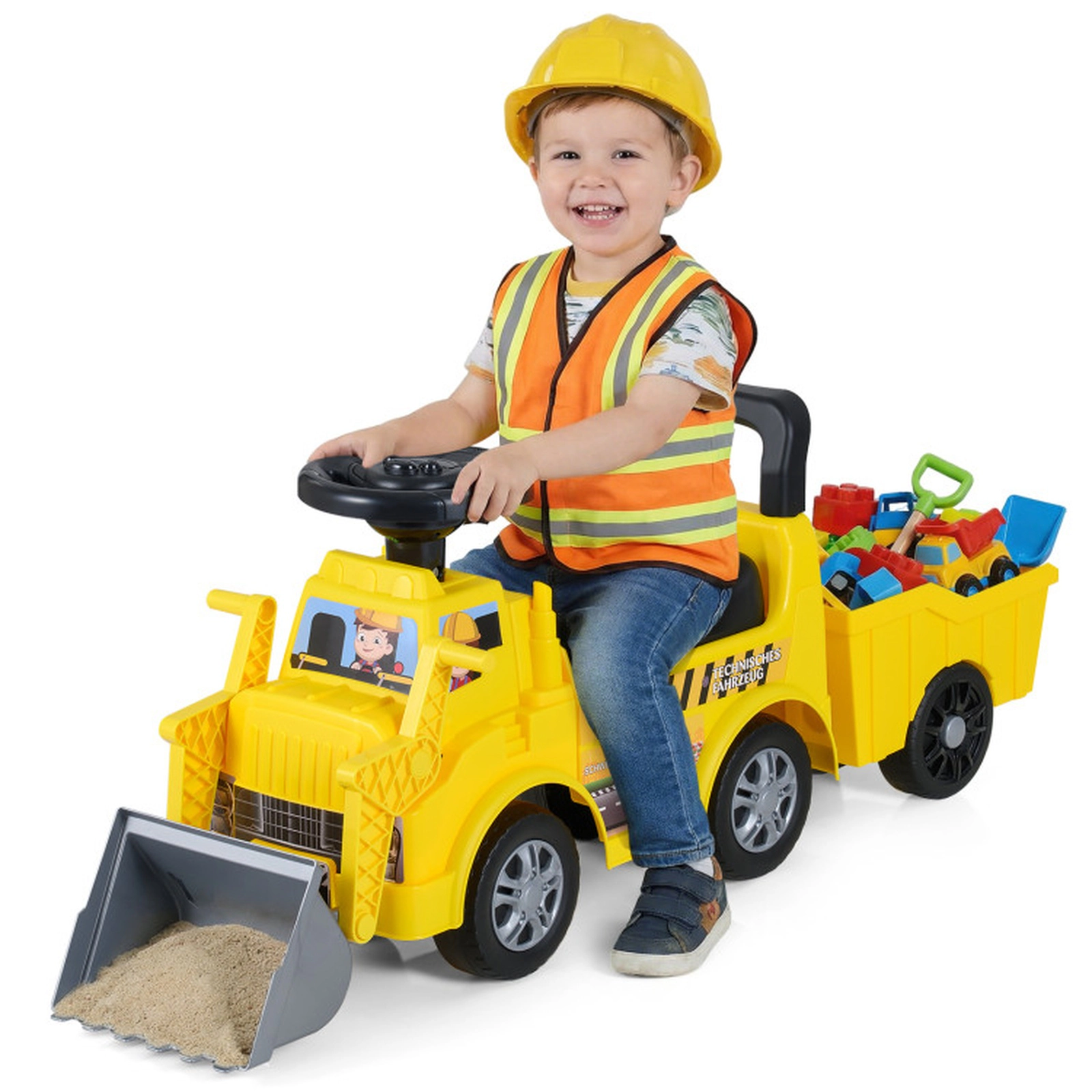 SUGIFT Yellow Shovel Trailer and Under-Seat Storage Kids Foot to Floor Digger Ride On Truck