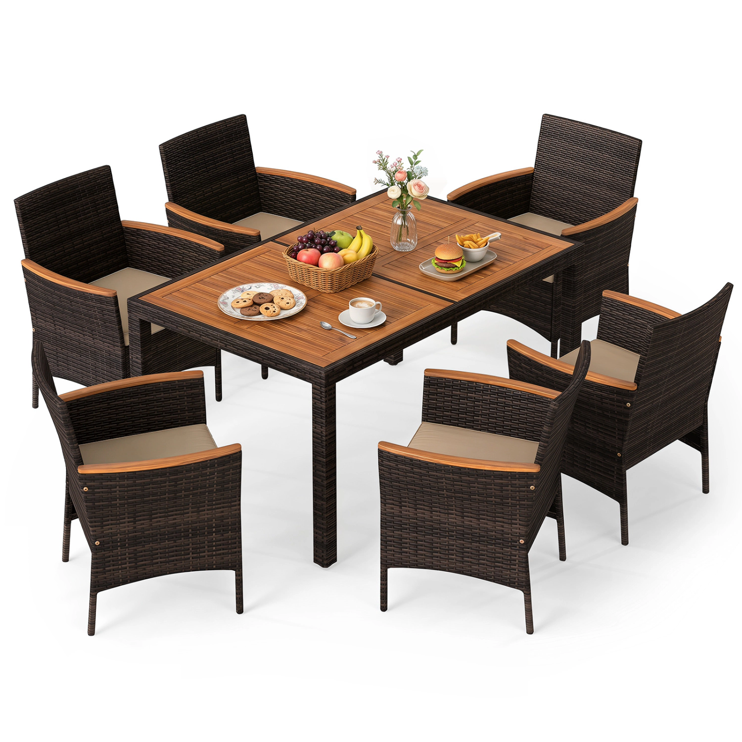 LJG 7-Piece Patio Dining Set with Wood Tabletop and Padded Cushion for Backyard