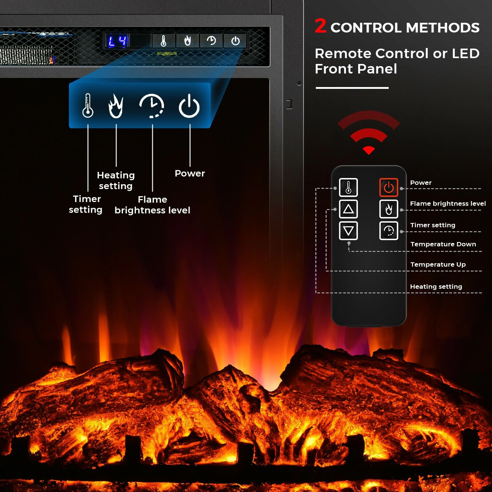 SlickBlue Black Tempered Glass Electric Fireplace Heater with Remote, 1500W Recessed Wall Mount