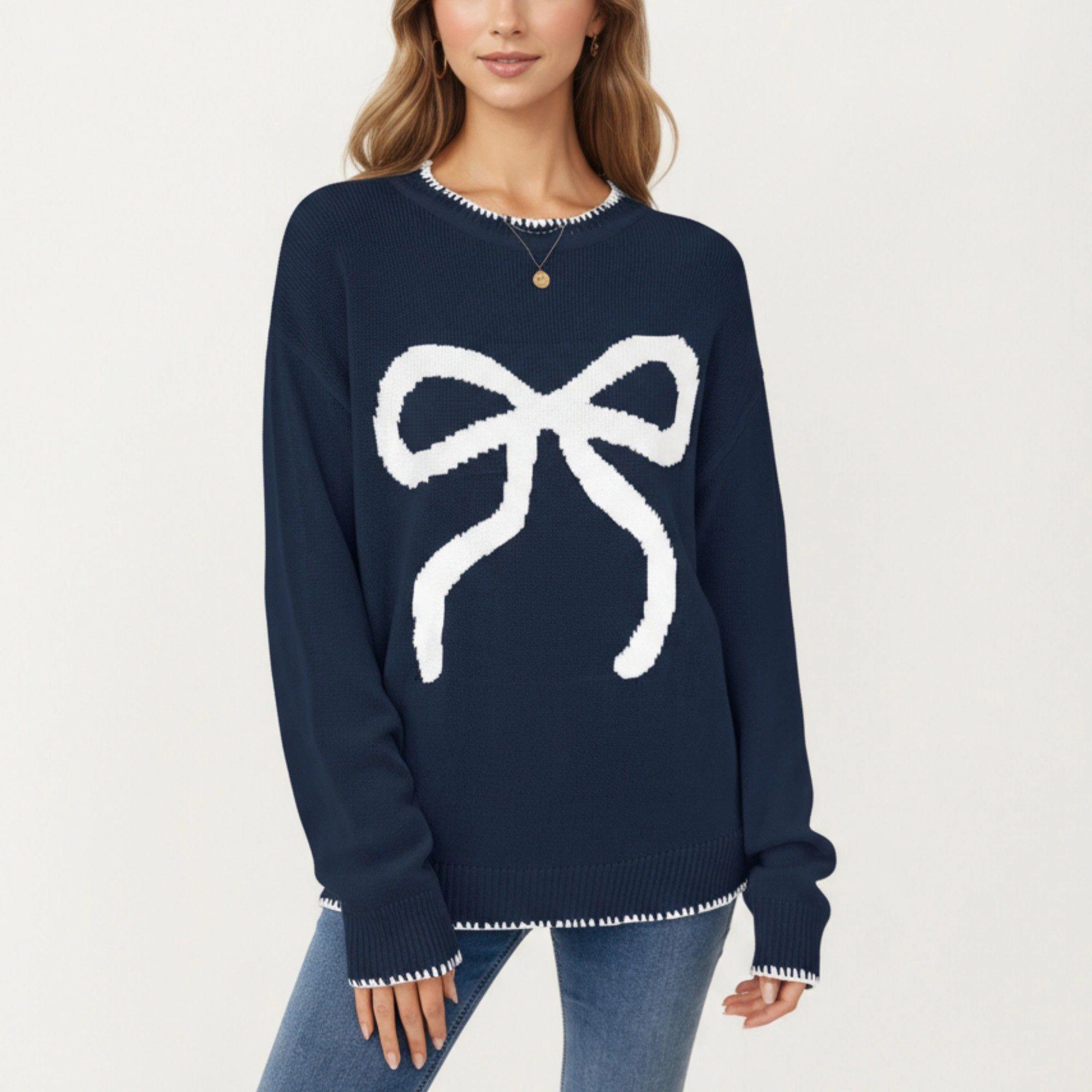 Anna-Kaci Women's Crew Neck Knit Sweater with Large Bow Graphic Design