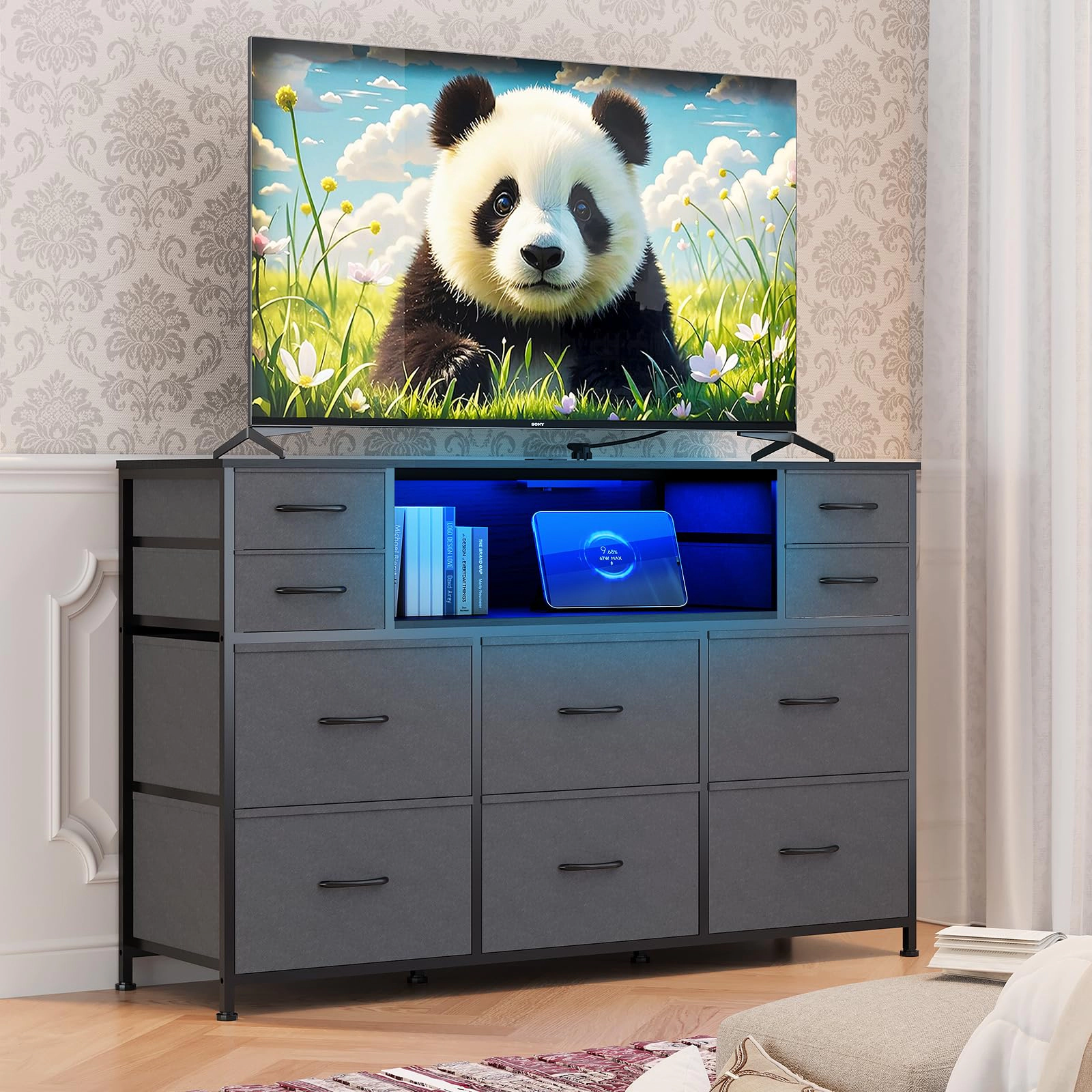 10 Drawer Fabric Dresser, TV Stand with RGB LED Lights & Power Outlet for 45"-55"