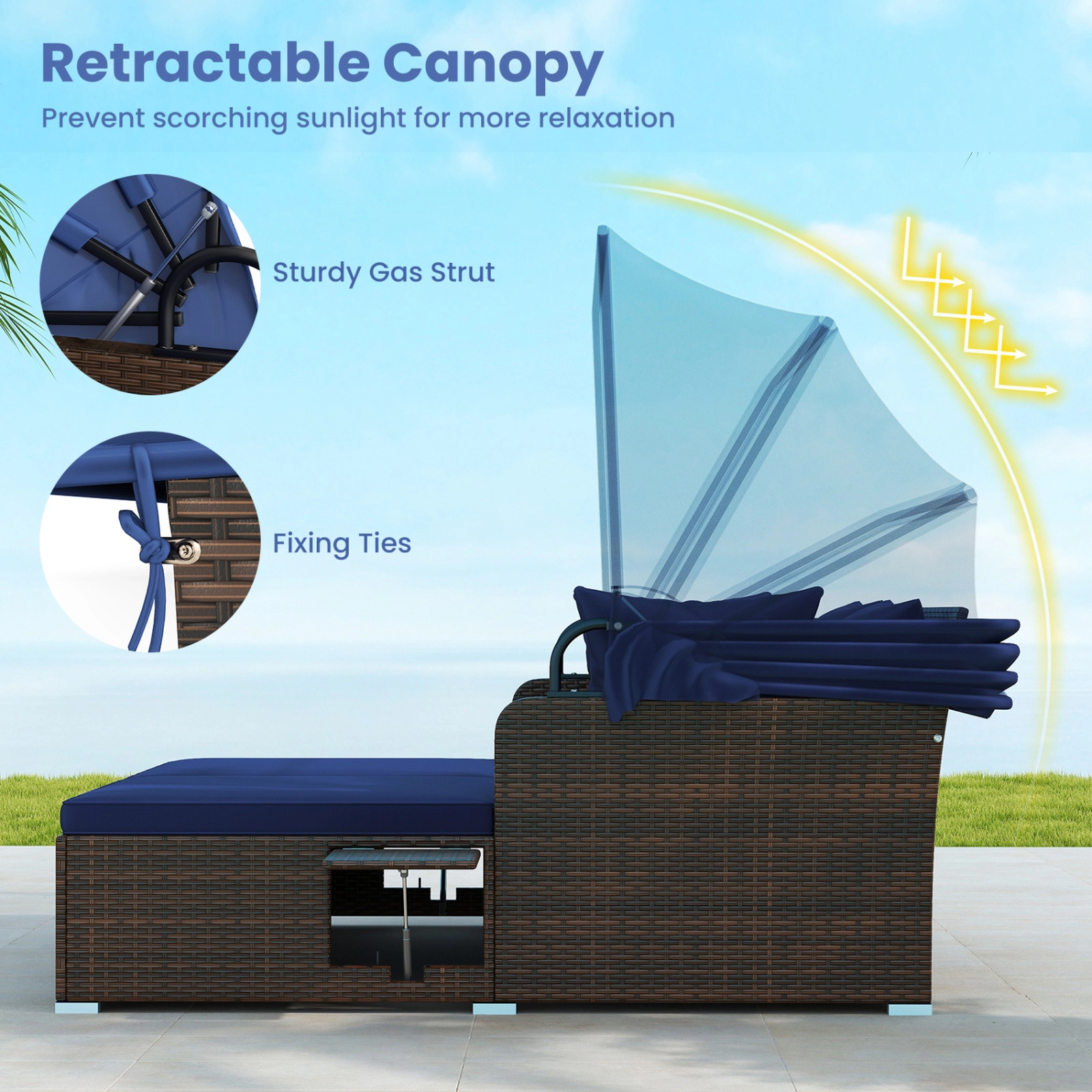 SUGIFT Outdoor Patio Rattan Daybed Navy with Retractable Canopy and Side Tables