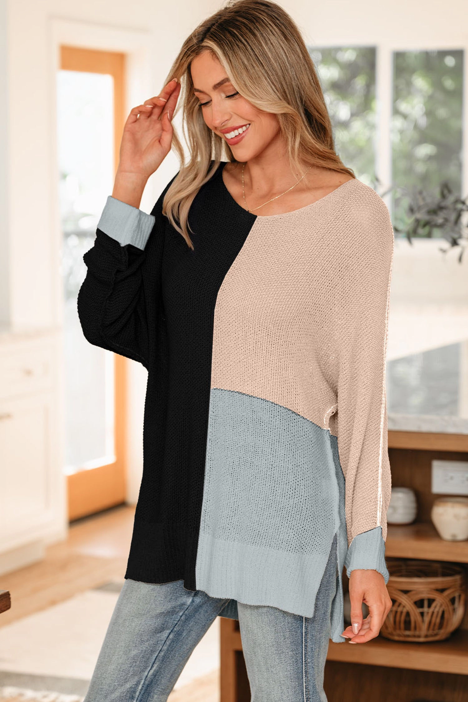 Threaded Pear Women's Zayla Block Knit Loose Sweater
