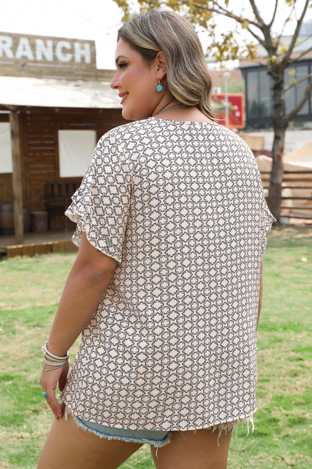 Threaded Pear Women's Faith Plus Size Geometric Ruffled Sleeve Blouse