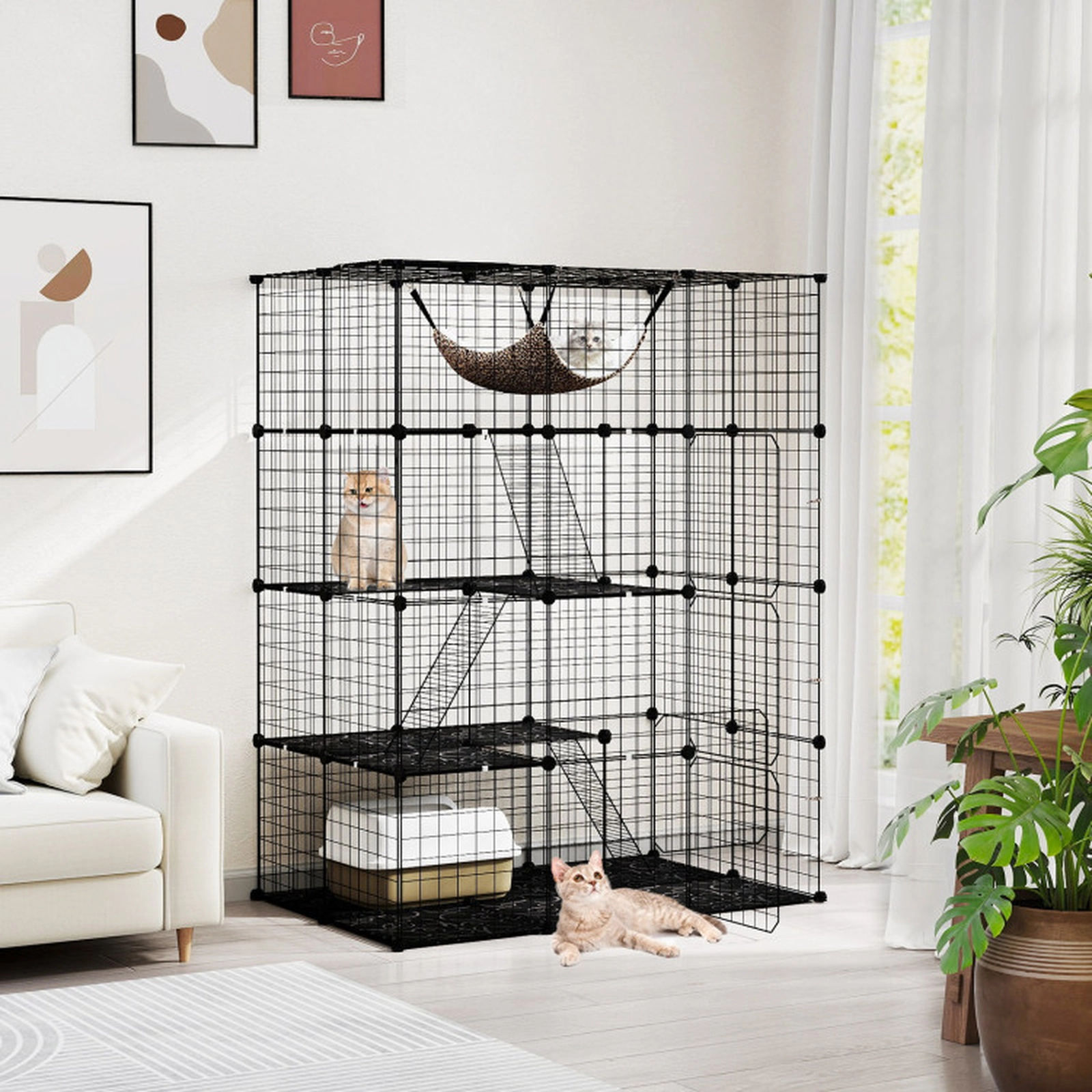 SUGIFT Black 4-Tier Cat Cage Pet Playpen with Skylight and Hammock 43-in W 29-in D 56-in H 11-lb Per Panel
