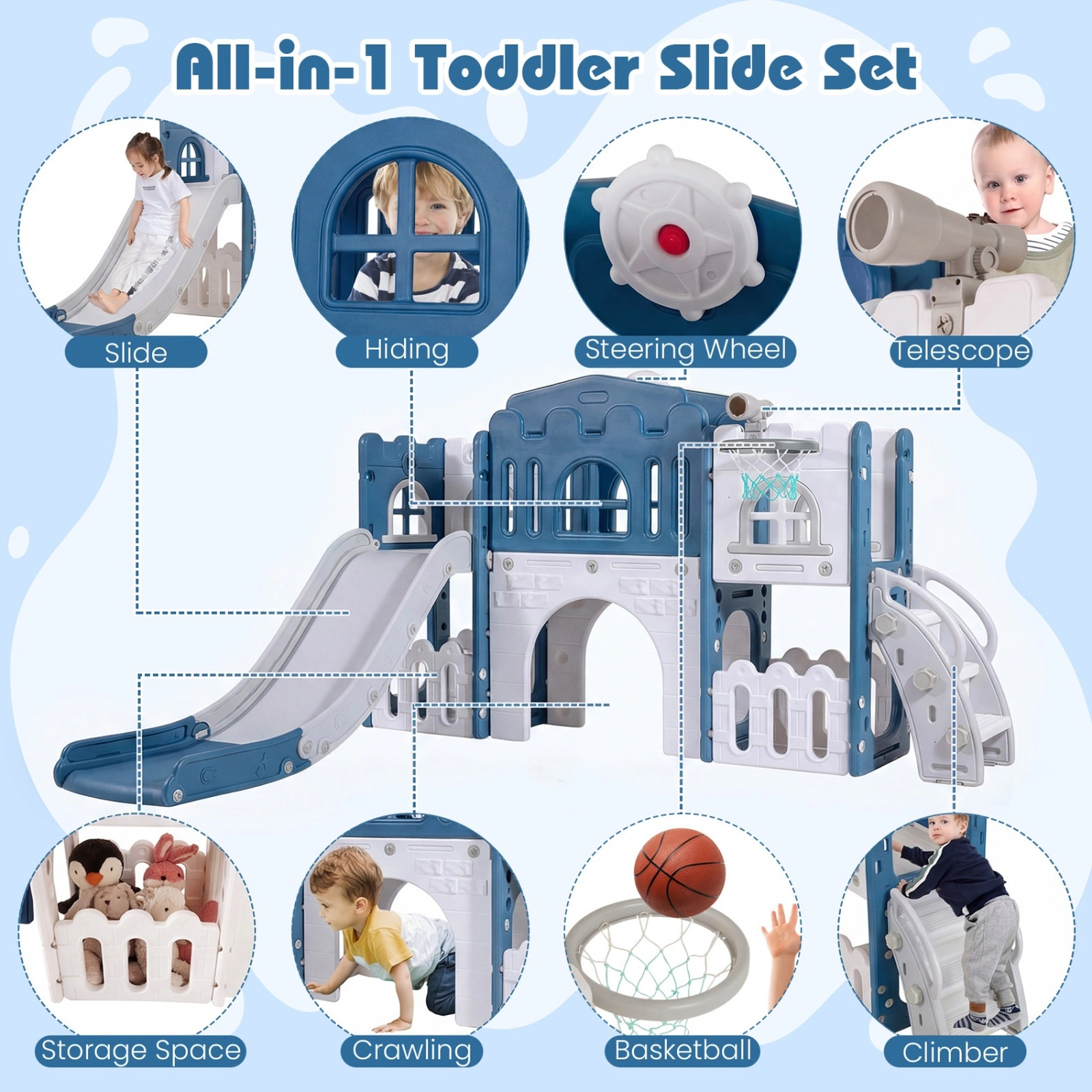 SUGIFT Toddler Blue All-in-1 Slide Playset with Tunnel and Basketball Hoop 70-in W 40.5-in H 110-lb Child Capacity
