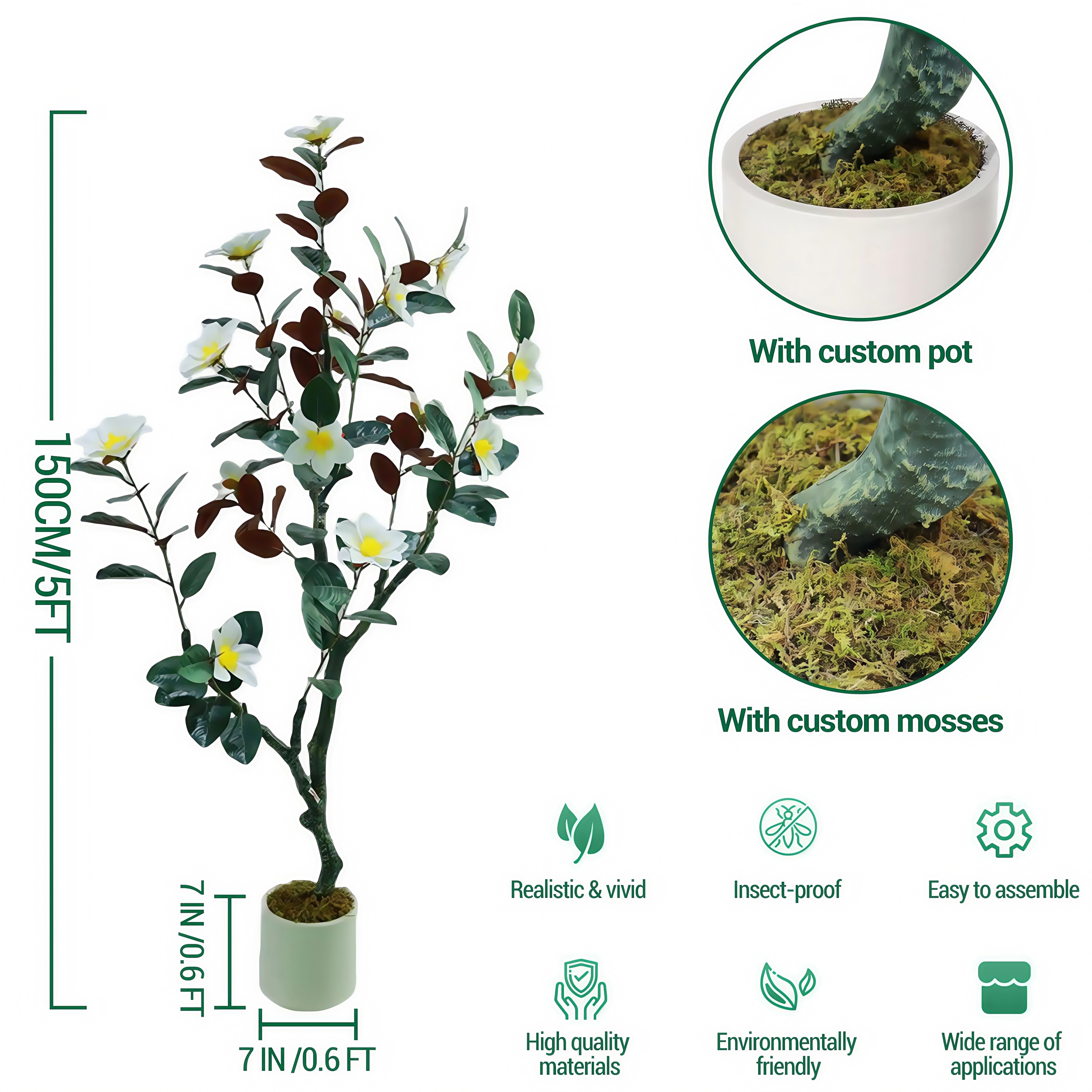 5FT Artificial Magnolia Flower Tree with Pot,Real Touch Silk Faux Plant Decor