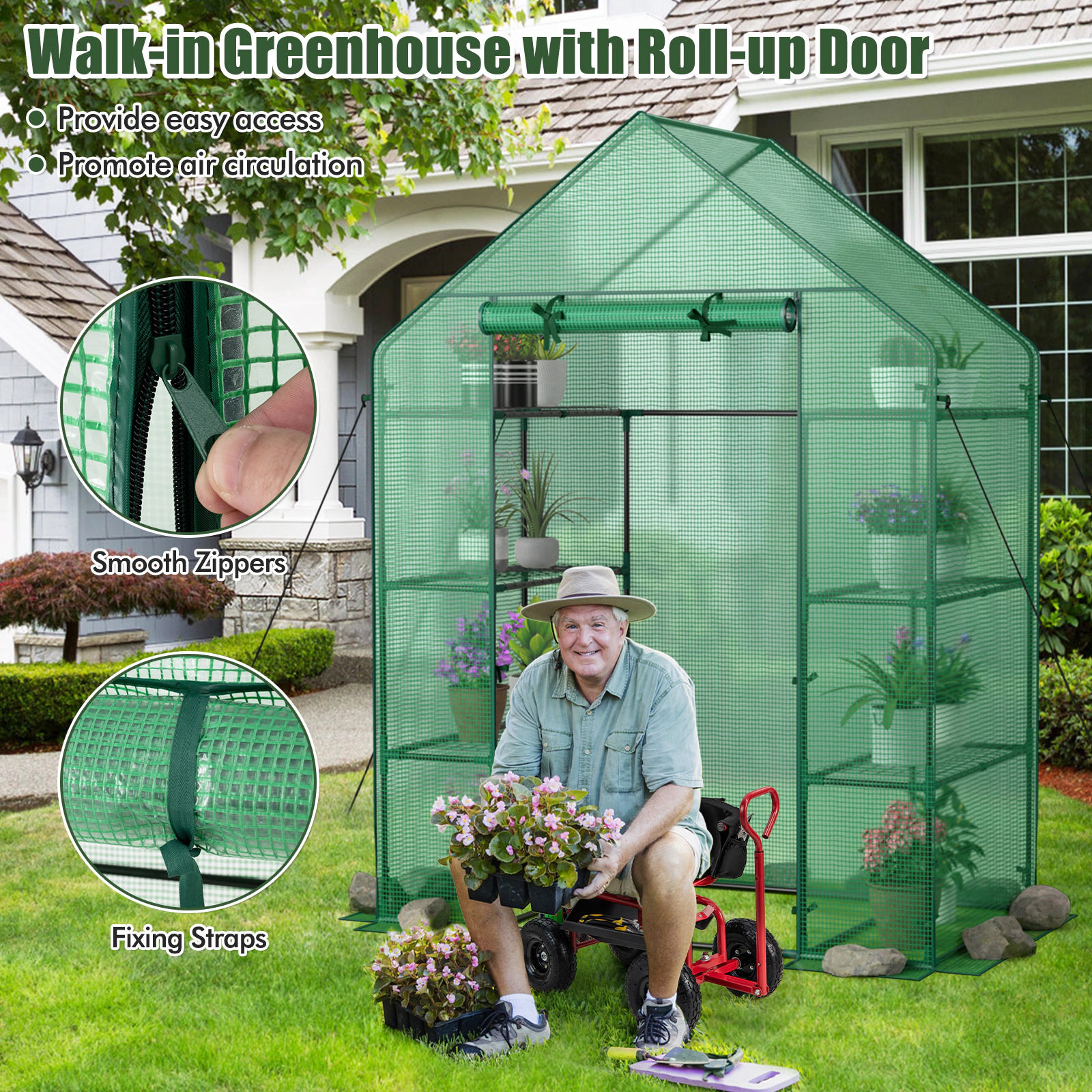 SUGIFT Green 56-in x 29-in Portable Walk-in Greenhouse with 8 Shelves 4 Tiers and PE Mesh Cover