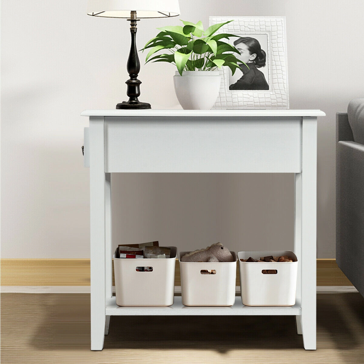 Slickblue Compact Slim Side Table with Storage Drawer White Bedroom Living Room