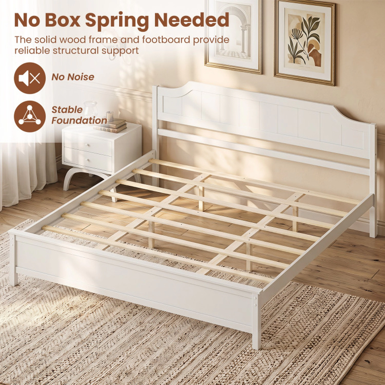 SUGIFT King Size 440-lb Capacity White Solid Wood Platform Bed Frame with Headboard and 8 Plywood Slats