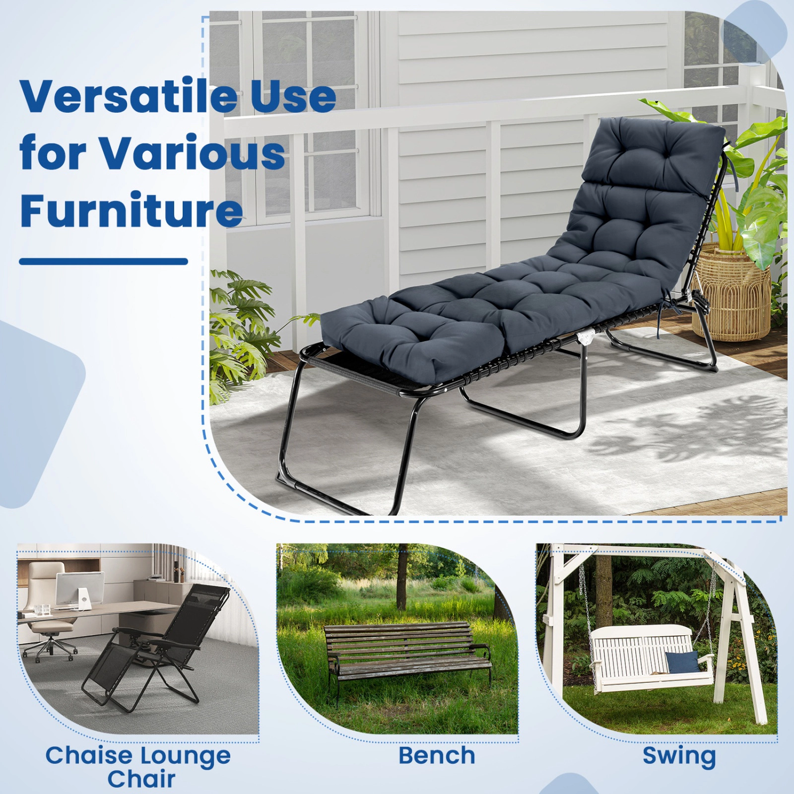 SUGIFT 2-Pack 73-in x 22-in Gray Waterproof Outdoor Lounge Chaise Cushions with High Back and 4 String Ties