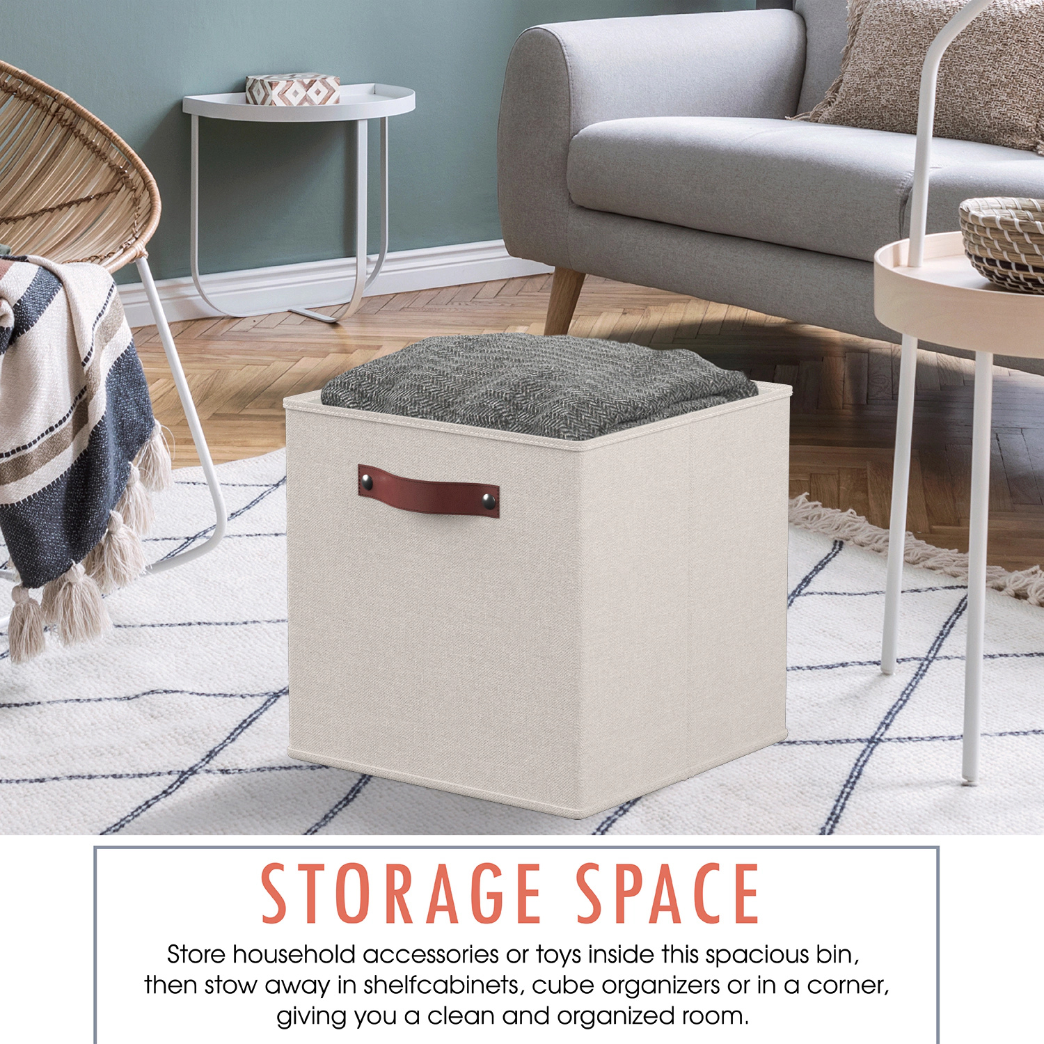 Ornavo Home 6 Pack Collapsible Linen Storage Cube Bin with Leather Handles - 11 Inch