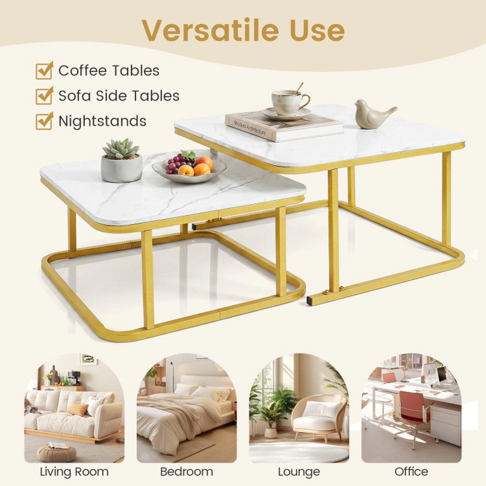 SUGIFT Nesting Stacking Coffee Table Set of 2 with Faux Marble Top and Metal Frame 66-lb Capacity White & Gold/Black