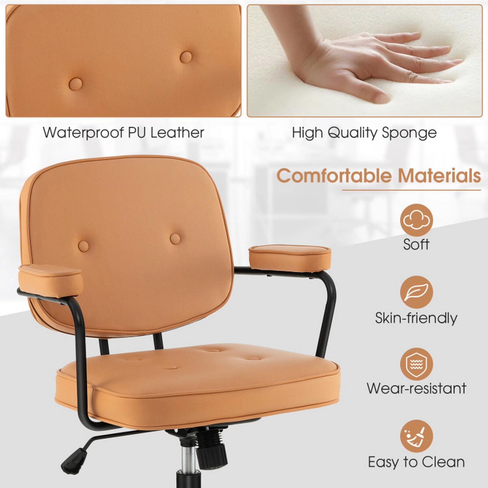 SUGIFT Rocking Backrest PU Leather Home Office Chair with Rubberwood Armrests 330-lb Capacity 23-in Wide Seat Orange